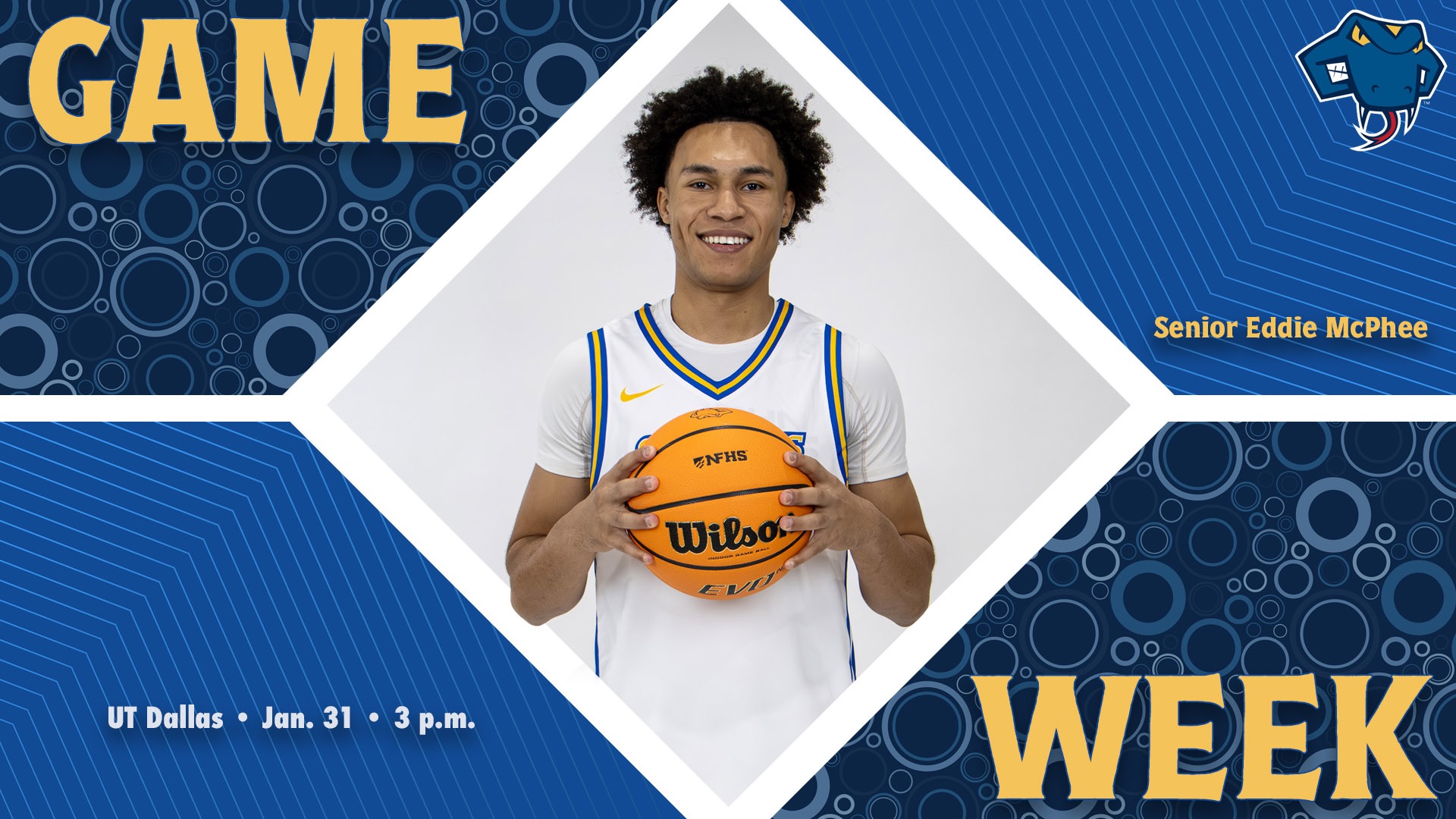 Graphic divided into quarters. In top left is the word Game, while the word Week is on the bottom right. In the center is Eddie McPhee with his name to the right. In the bottom left are the words 