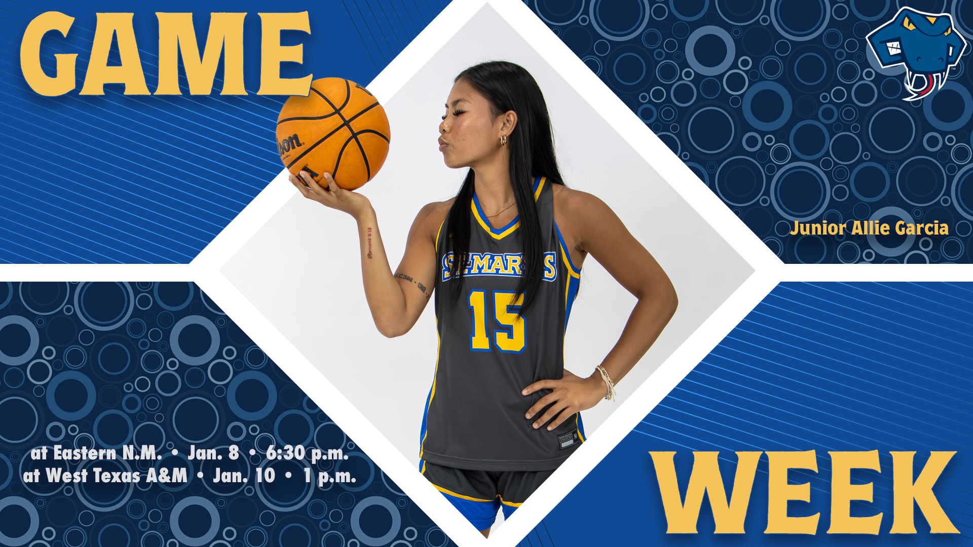 Graphic divided into quarters. In top left is the word Game, while the word Week is on the bottom right. In the center is Allie Garcia with her name to the right. In the bottom left are the words 