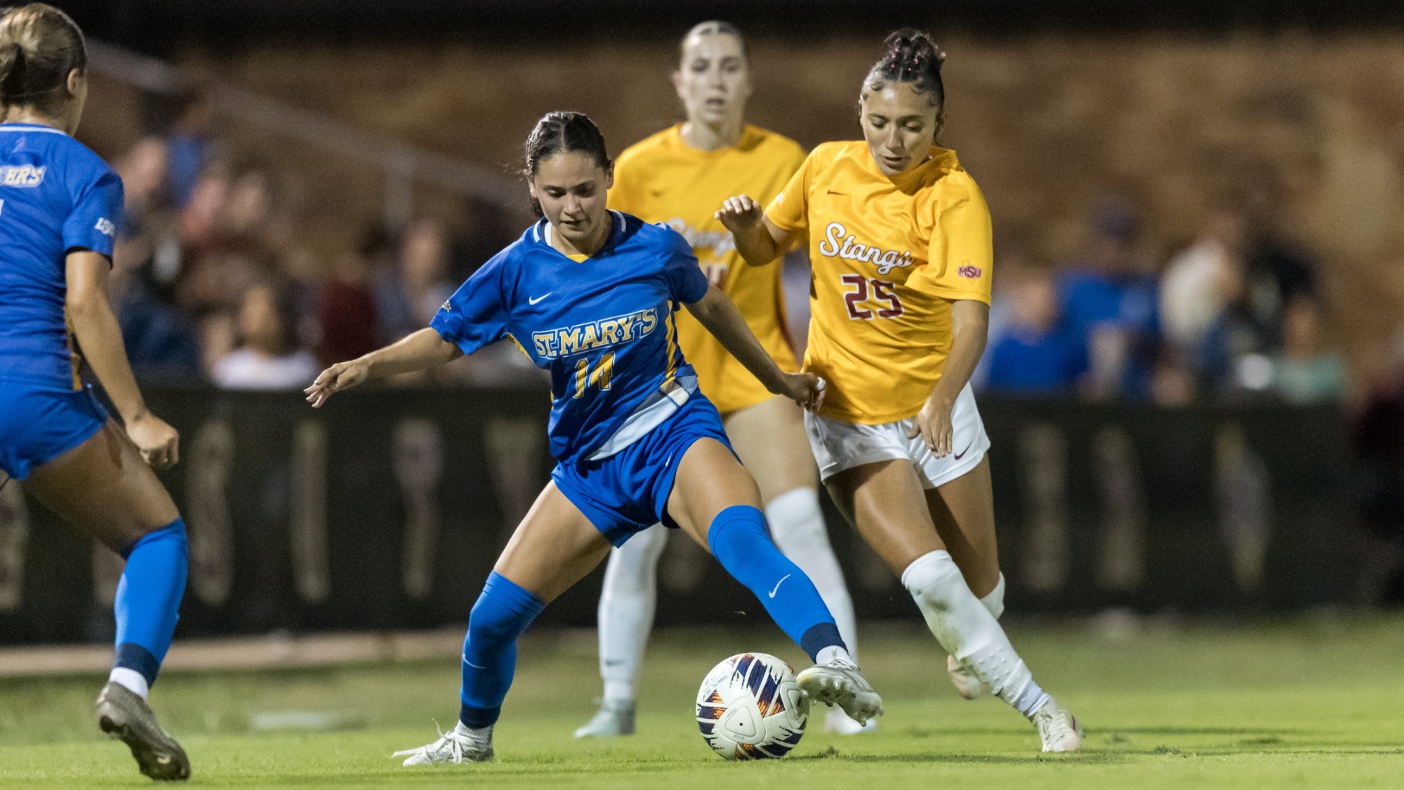 Emilee Durante shields the ball from a pair of Midwestern State defenders.