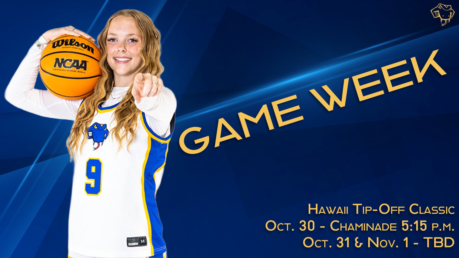 Graphic with Game Week on the right at an angle and the week's schedule below it. On the left is Avery Archer with a ball on her right shoulder pointing out with the left.