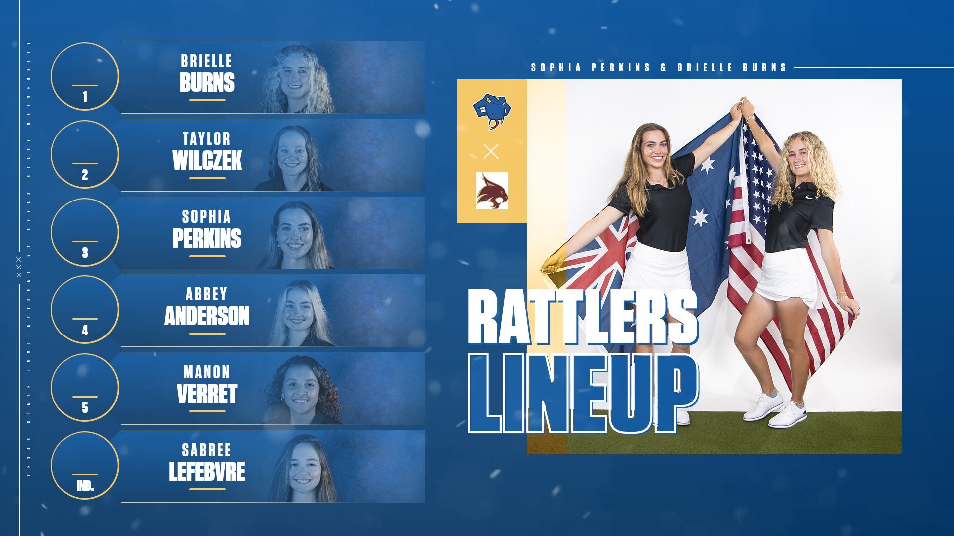 Graphic with the headshots and names of the golfers in lineup order on the left. On the right is a picture of Sophia Perkins holding the Australian flag with Brielle Burns holding the USA flag and facing each other.