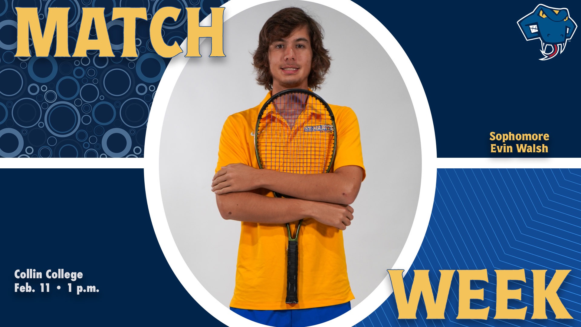 Graphic divided into quarters. In top left is the word Match, while the word Week is on the bottom right. In the center is Evin Walsh huggins his racket with his name to the right. In the bottom left are the words 