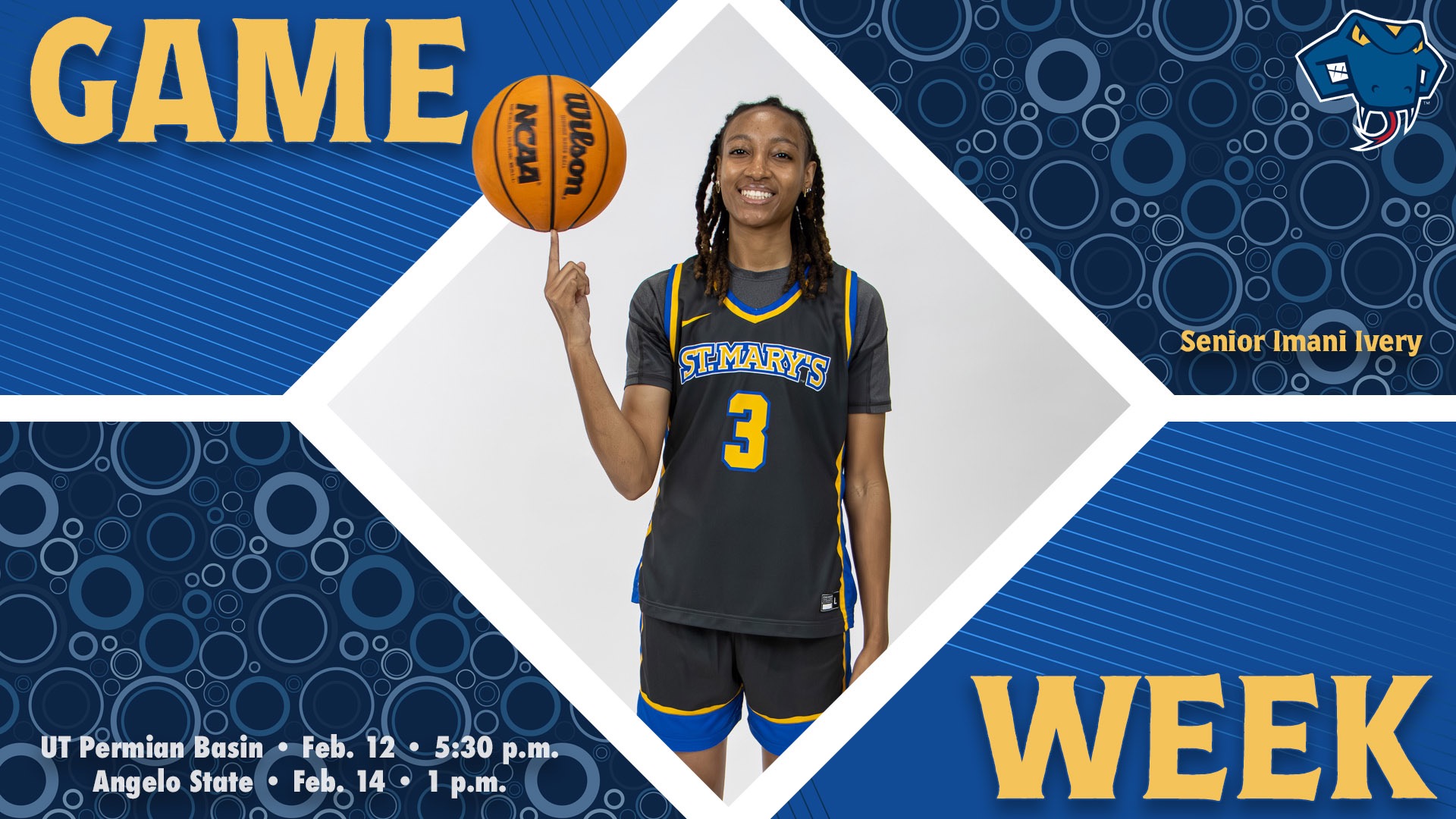 Graphic divided into quarters. In top left is the word Game, while the word Week is on the bottom right. In the center is Imani Ivery spinning a ball on her index finger with her name to the right. In the bottom left are the words 