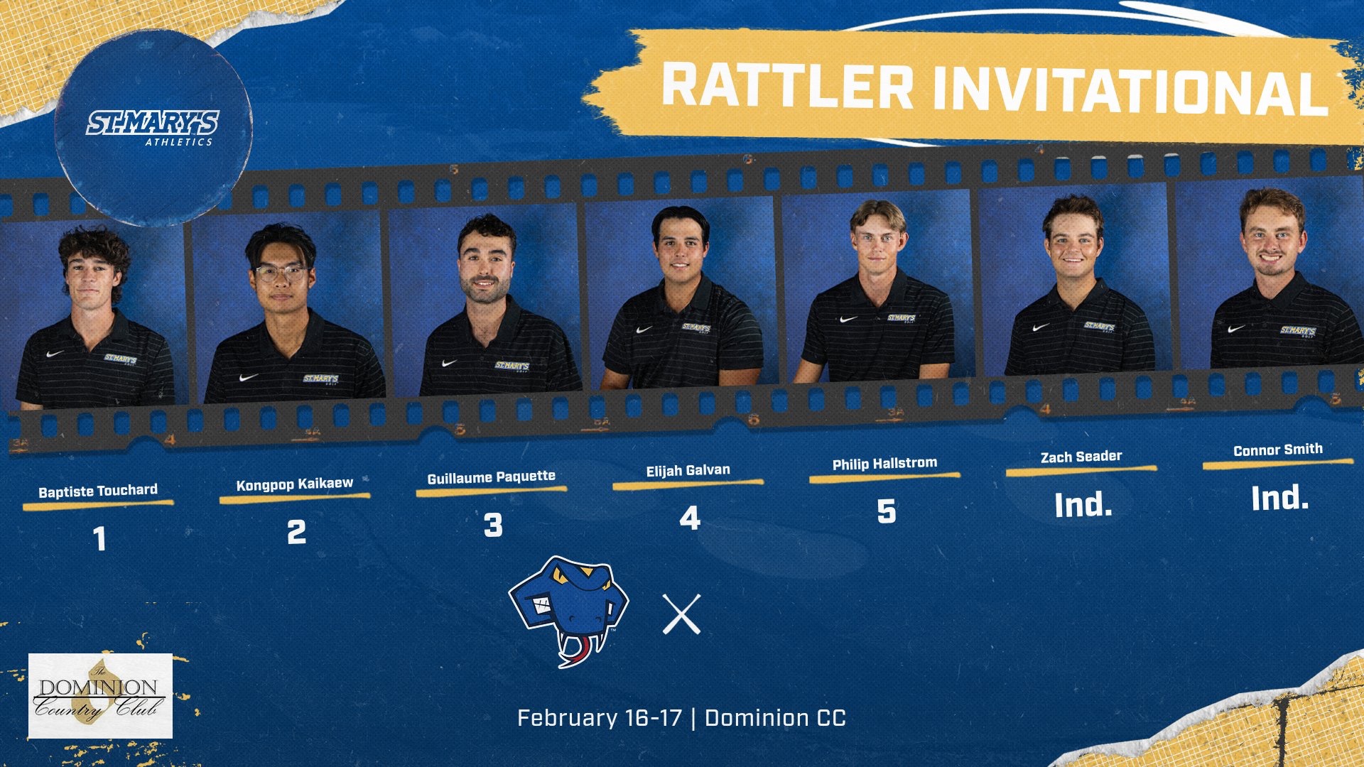 Graphic with the seven golfers across the middle in a film reel outline. The words Rattler Invitational are in the top right with the Dominion Country club logo in the opposite lower left.