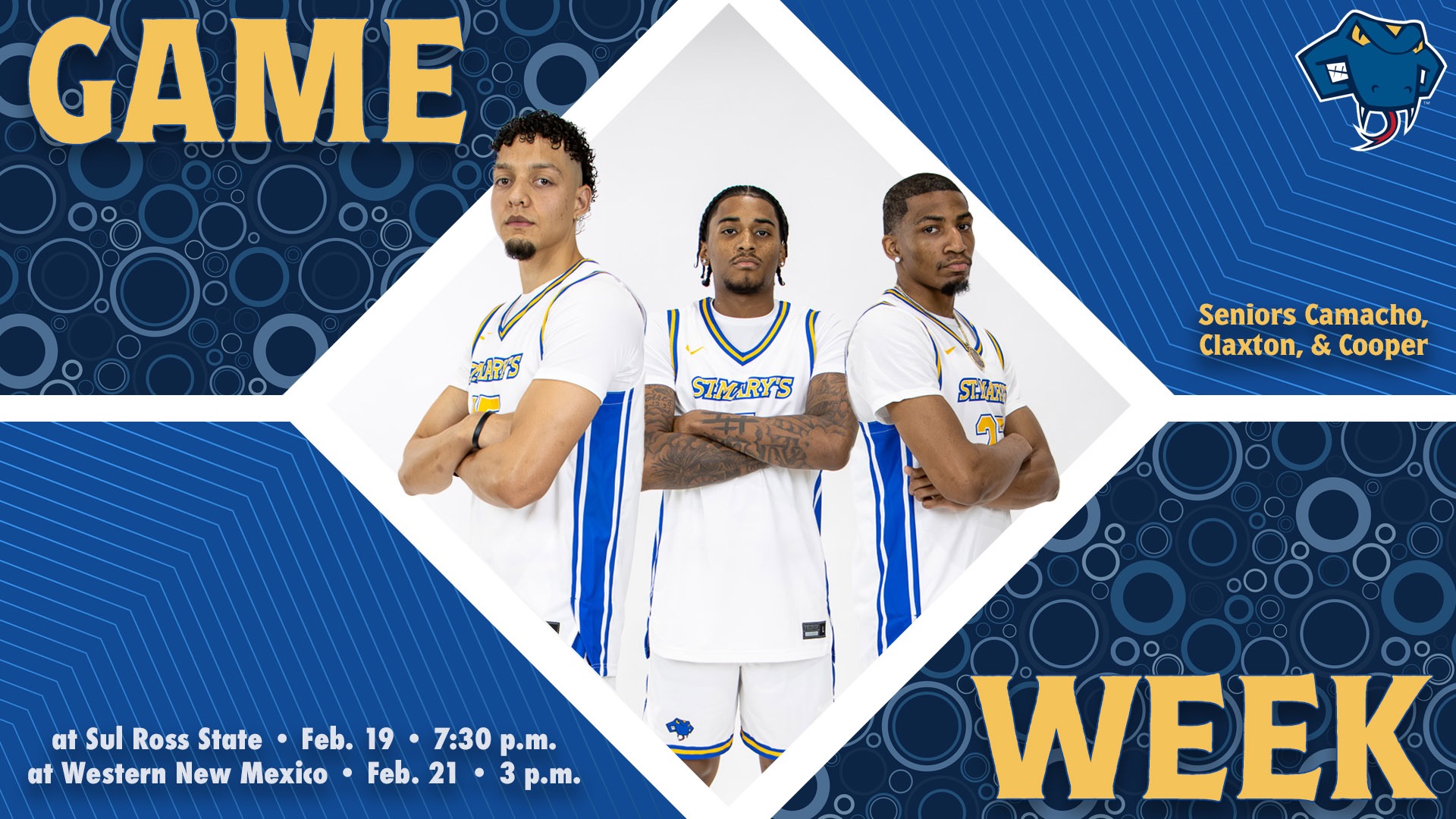 Graphic divided into quarters. In top left is the word Game, while the word Week is on the bottom right. In the center are Nacho Camacho, Damani Claxton & Freddie Cooper with their names to the right. In the bottom left are the words 