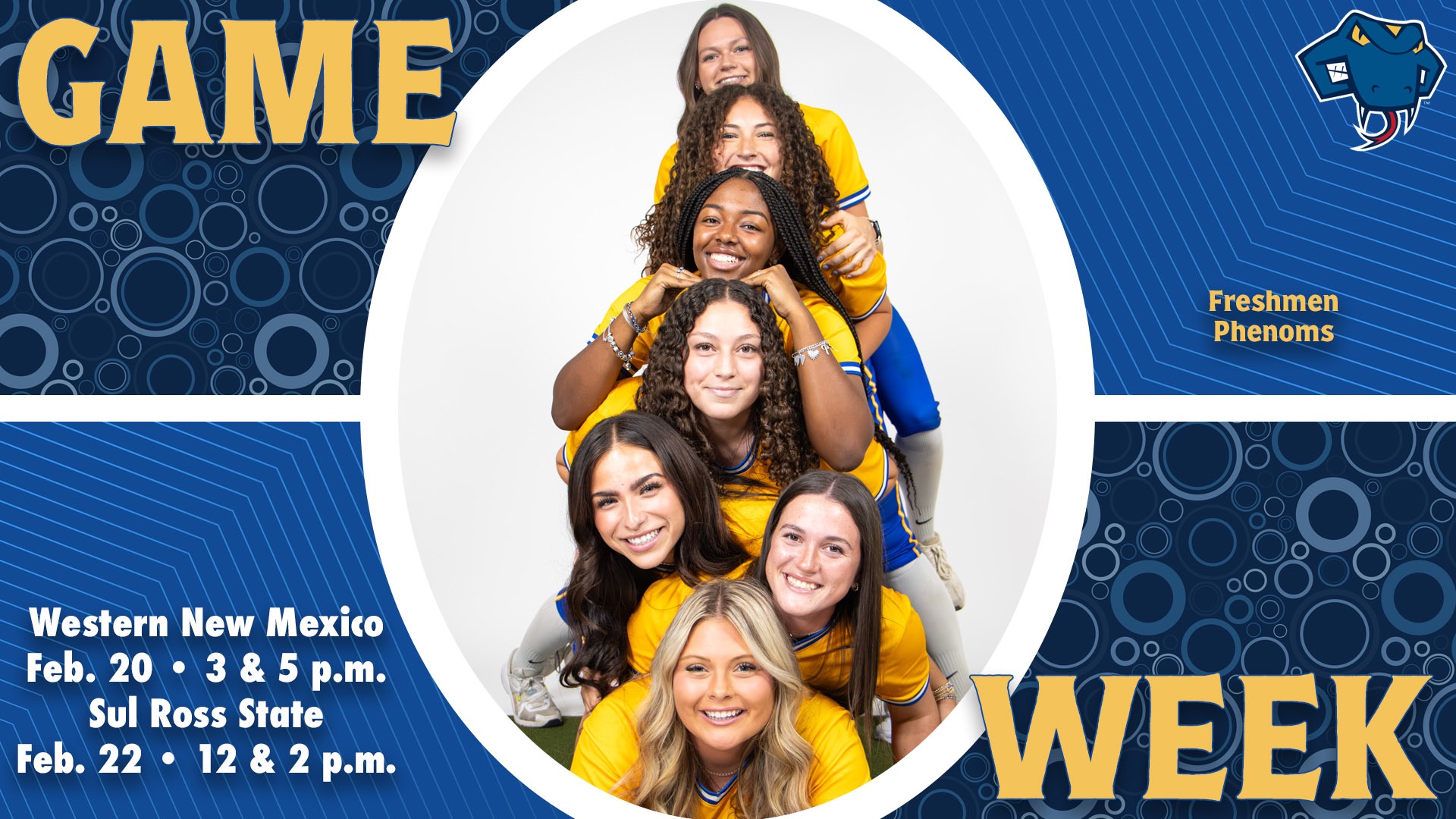 Graphic divided into quarters. In top left is the word Game, while the word Week is on the bottom right. In the center are the seven freshmen in a pile with the words Freshmen Phenoms to the right. In the bottom left are the words 