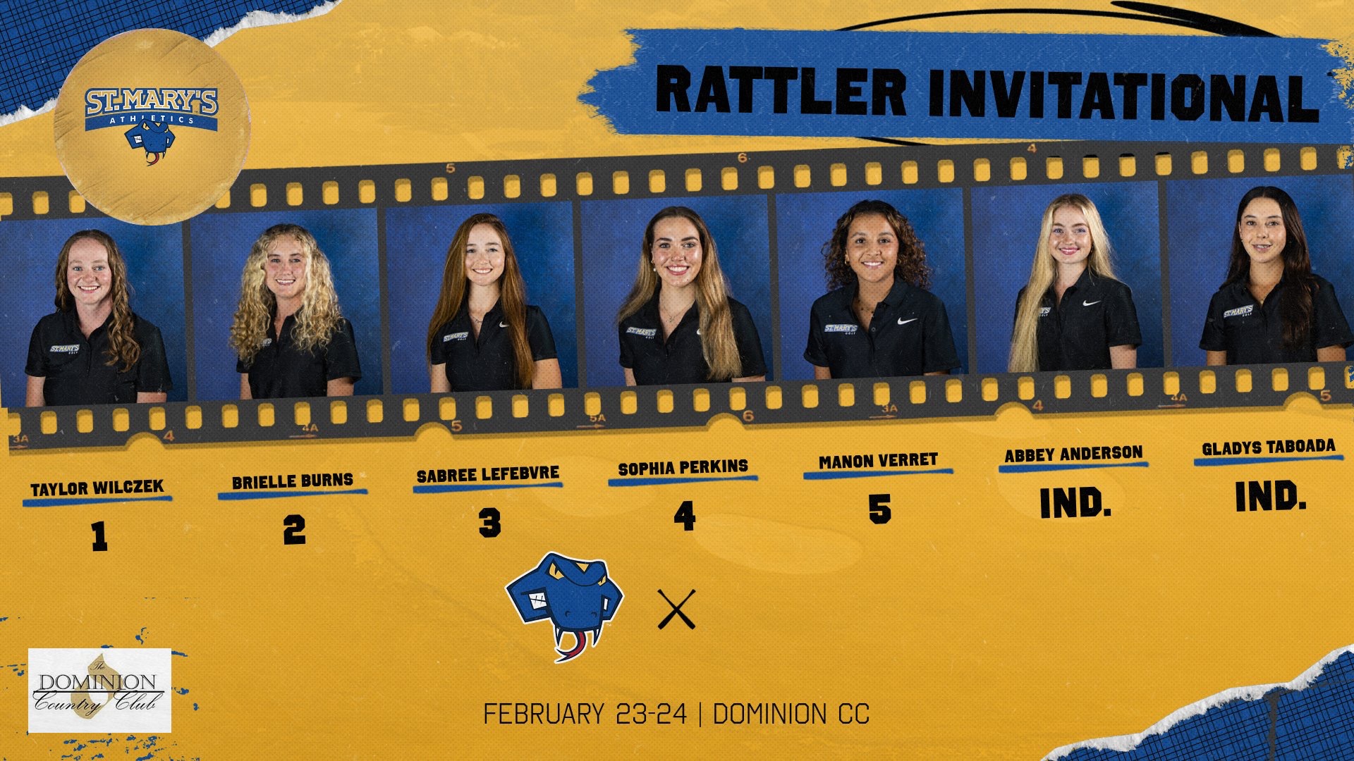 Graphic with seven headshots of golfers across the middle like a roll of film. In the top right are the words Rattler Invitational. The lower left corner cotains the Dominion CC logo