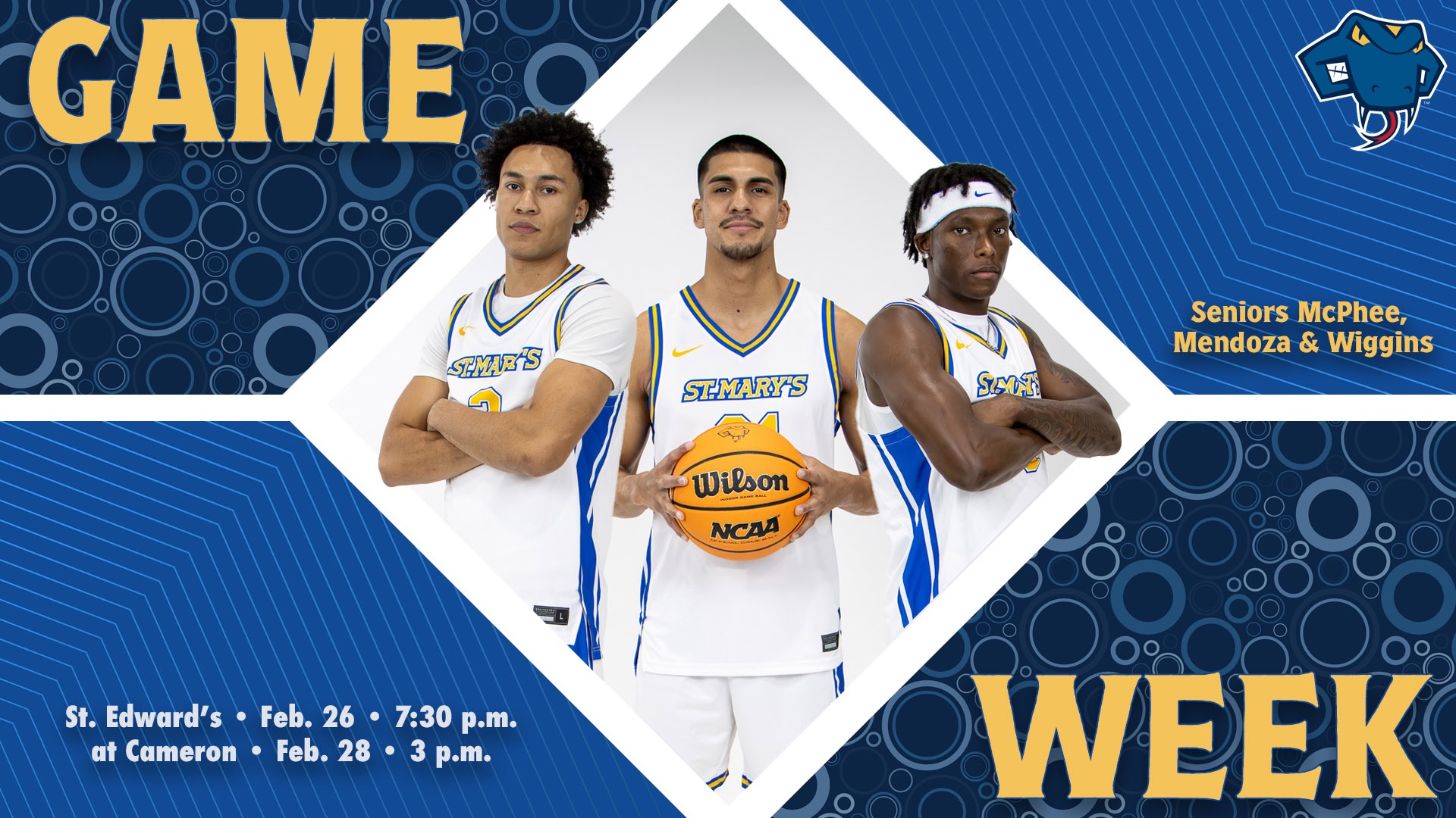 Graphic divided into quarters. In top left is the word Game, while the word Week is on the bottom right. In the center is Sebastian Mendoza, Eddie McPhee and Wayne Wiggins with their names to the right. In the bottom left are the words 