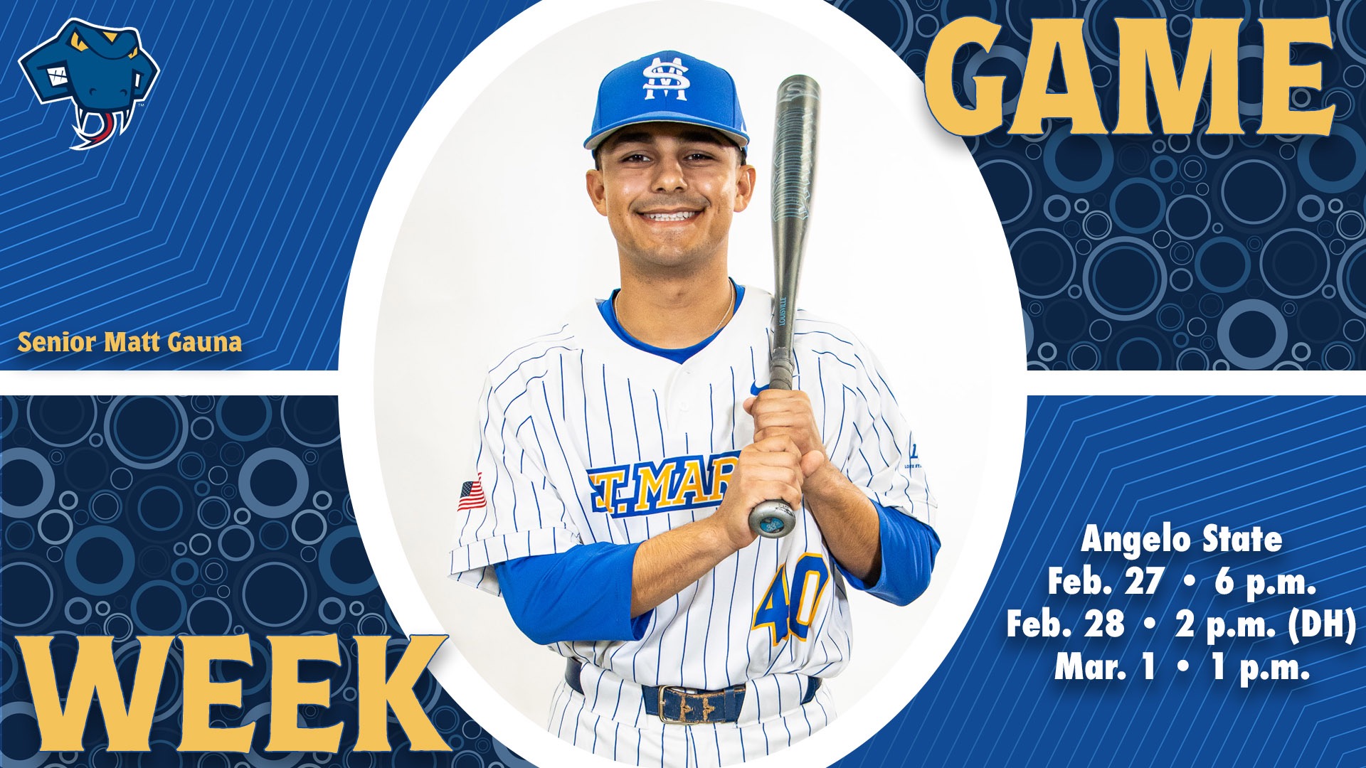 Graphic divided into quarters. In top right is the word Game, while the word Week is on the bottom left. In the center is Matt Gauna with his name to the left. In the bottom right are the words 