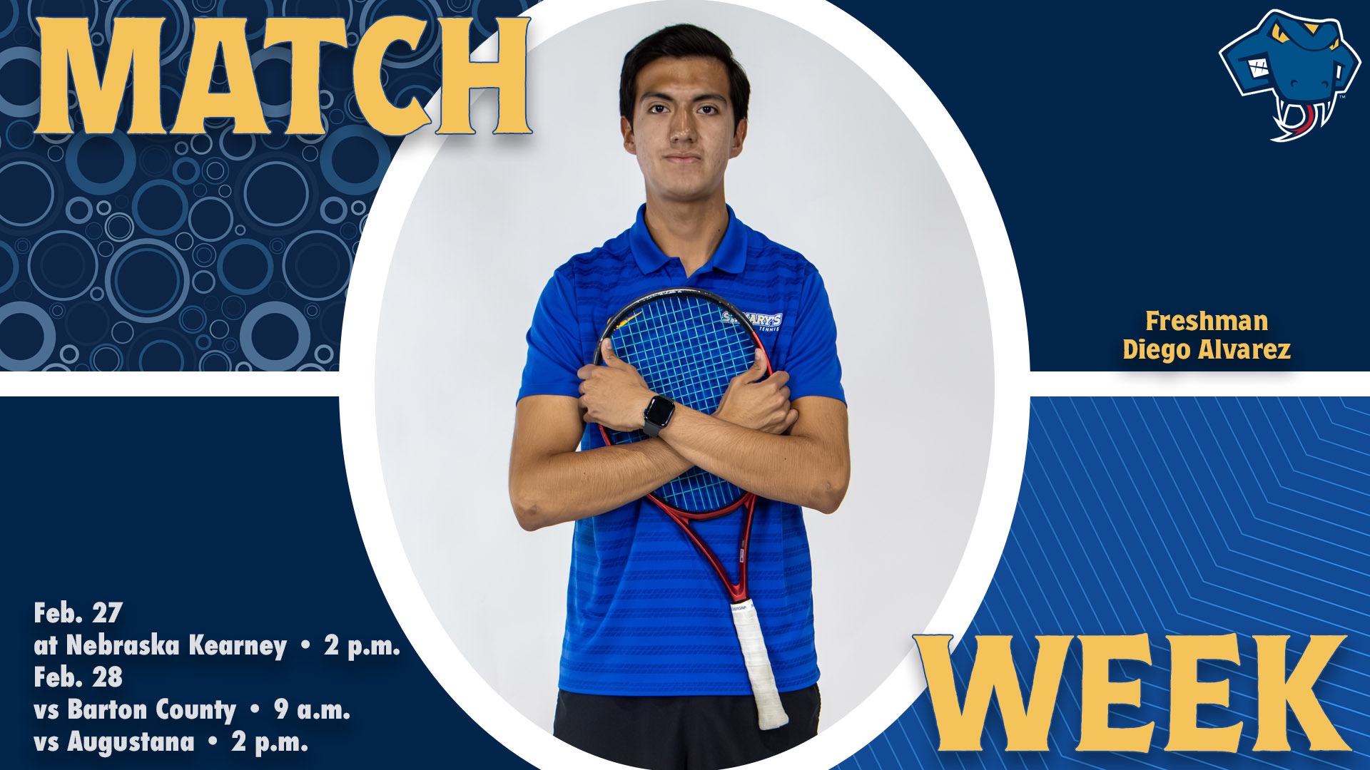 Graphic divided into quarters. In top left is the word Match, while the word Week is on the bottom right. In the center is Diego Alvarez with arms wrapped around his racket and his name to the right. In the bottom left are the words 