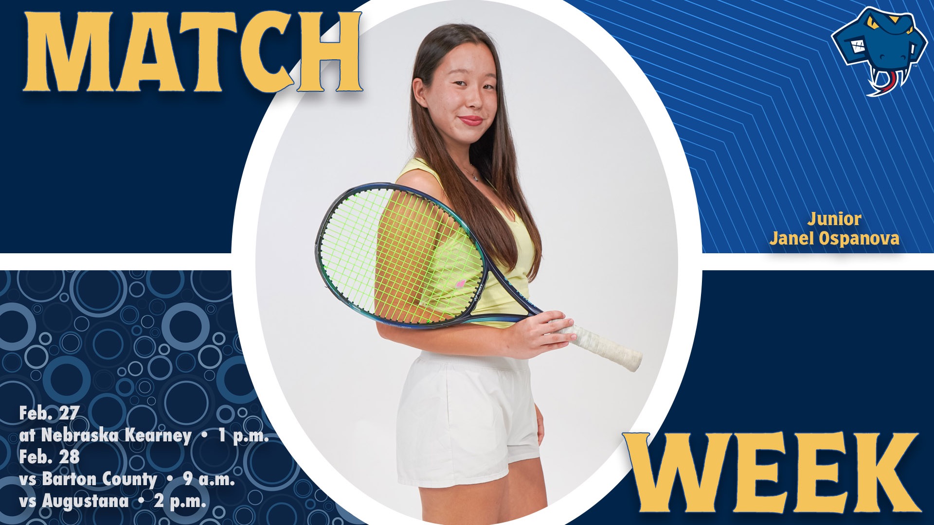 Graphic divided into quarters. In top left is the word Match, while the word Week is on the bottom right. In the center is Janel Ospanova with her racket on her shoulder and her name to the right. In the bottom left are the words 