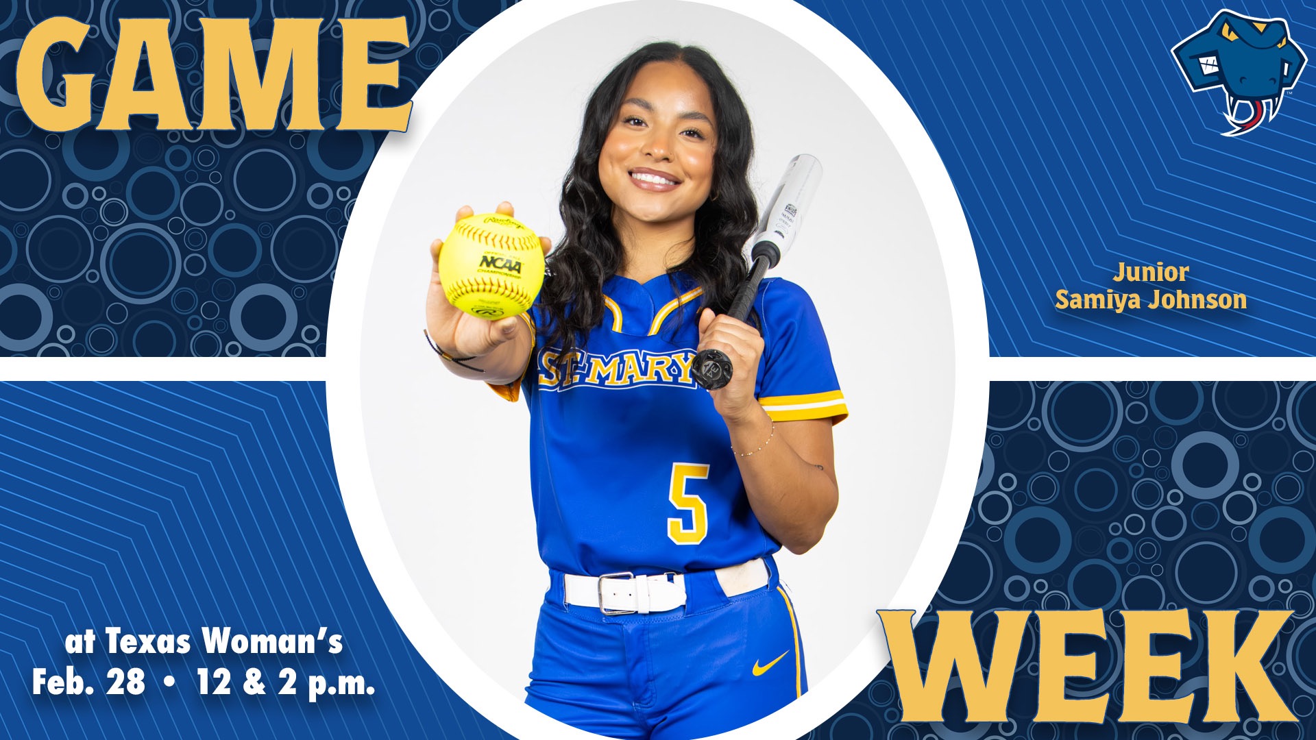 Graphic divided into quarters. In top left is the word Game, while the word Week is on the bottom right. In the center is Samiya Johnson with a bat on one shoulder and other arm extended holding a ball with her name to the right. In the bottom left are the words 