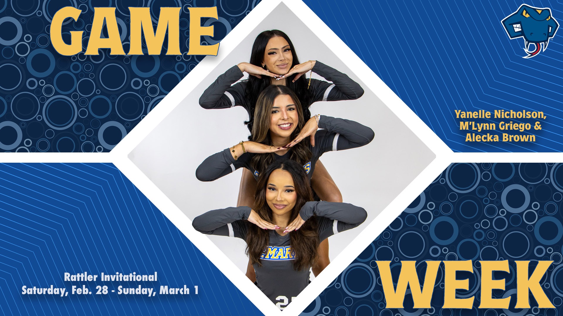 Graphic divided into quarters. In top left is the word Game, while the word Week is on the bottom right. In the center are seniors Yanelle Nicholson, M'Lynn Griego & Alecka Brown with their names to the right. In the bottom left are the words 