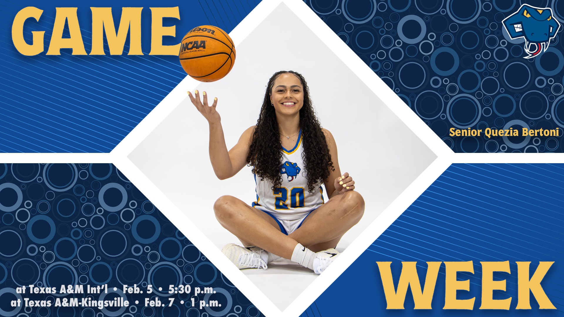 Graphic divided into quarters. In top left is the word Game, while the word Week is on the bottom right. In the center is Quezia Bertoni sitting criss-cross applesauce tossing a ball up with her right hand and her name to the right. In the bottom left are the words 