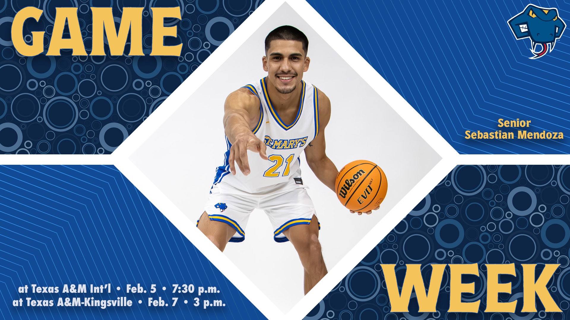 Graphic divided into quarters. In top left is the word Game, while the word Week is on the bottom right. In the center is Sebastian Mendoza, dribbling with left and pointing with right with his name to the right. In the bottom left are the words 