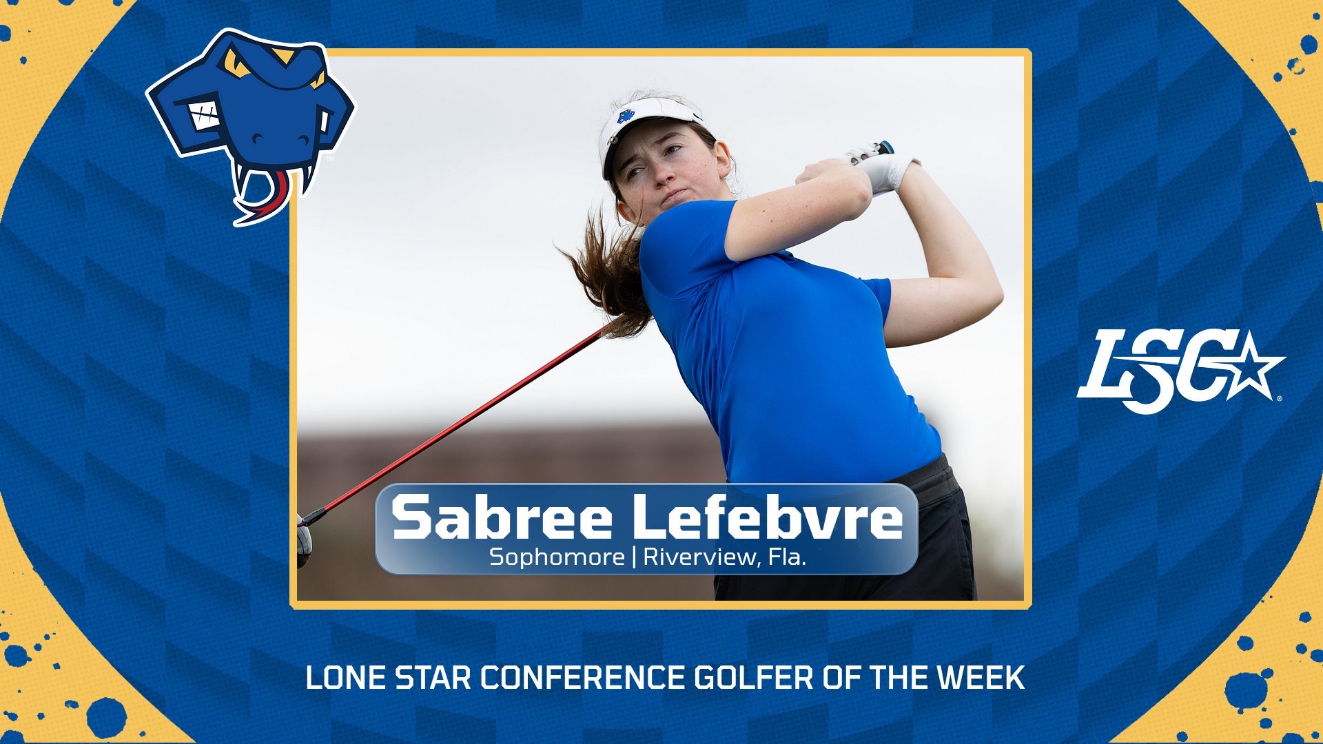 Graphic with Sabree Lefebvre in her follow through after a shot. The Rattler head is in upper left, and the white LSC logo is to her right. Below her picture are the words 