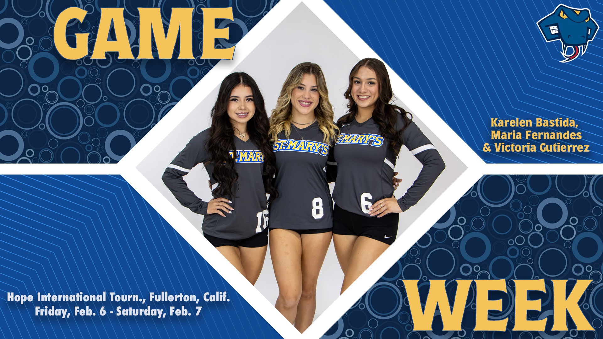 Graphic divided into quarters. In top left is the word Game, while the word Week is on the bottom right. In the center is Karelen Bastida, Maria Fernandes & Victoria Gutierrez with their names to the right. In the bottom left are the words 