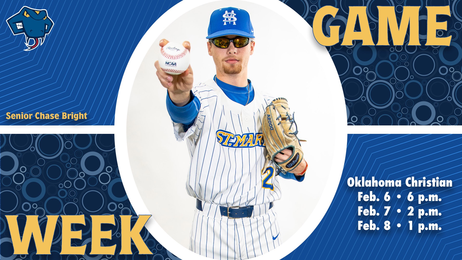 Graphic divided into quarters. In top right is the word Game, while the word Week is on the bottom left. In the center is Chase Bright with his name to the left. In the bottom right are the words 