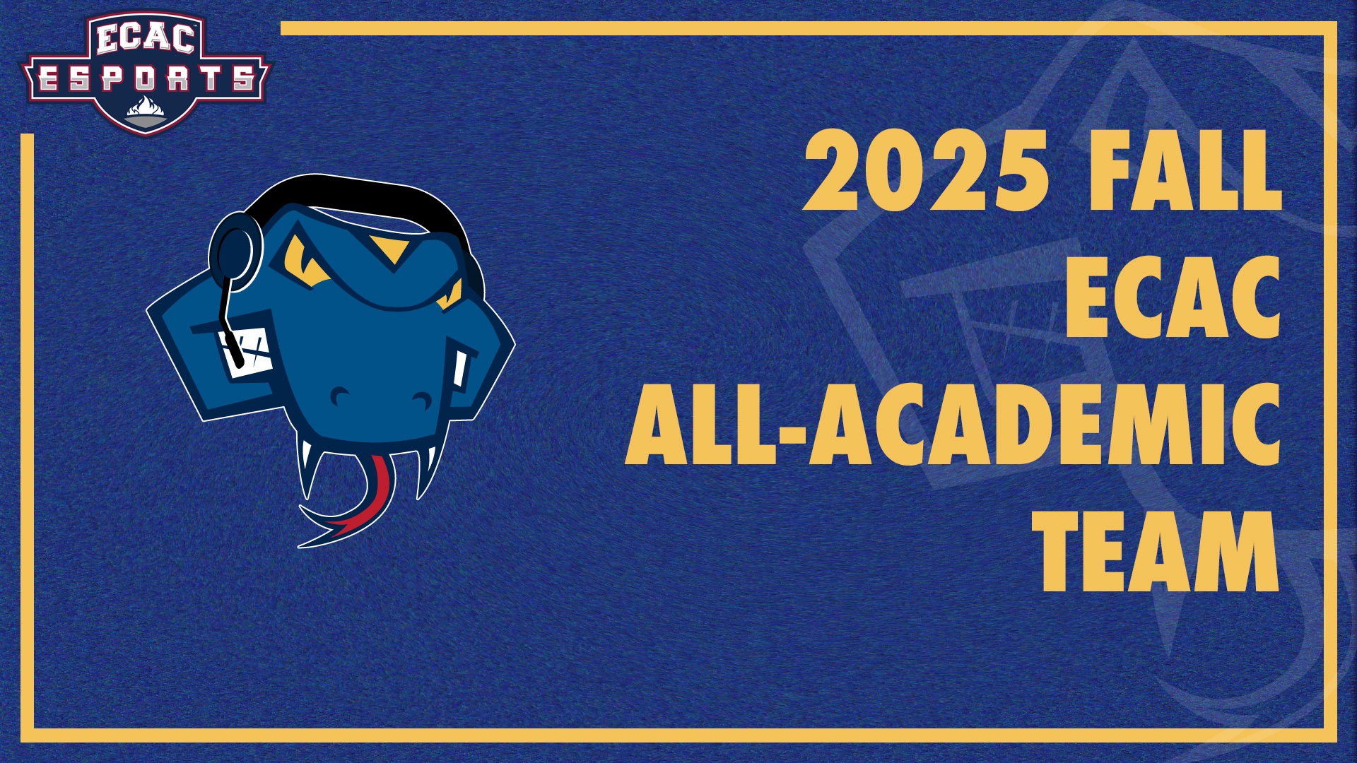 Graphic with the ECAC Esports Logo in the top left corner. In the middle on the left is the Esports Rattler Head with the words ECAC Fall All-Academic Team on the right