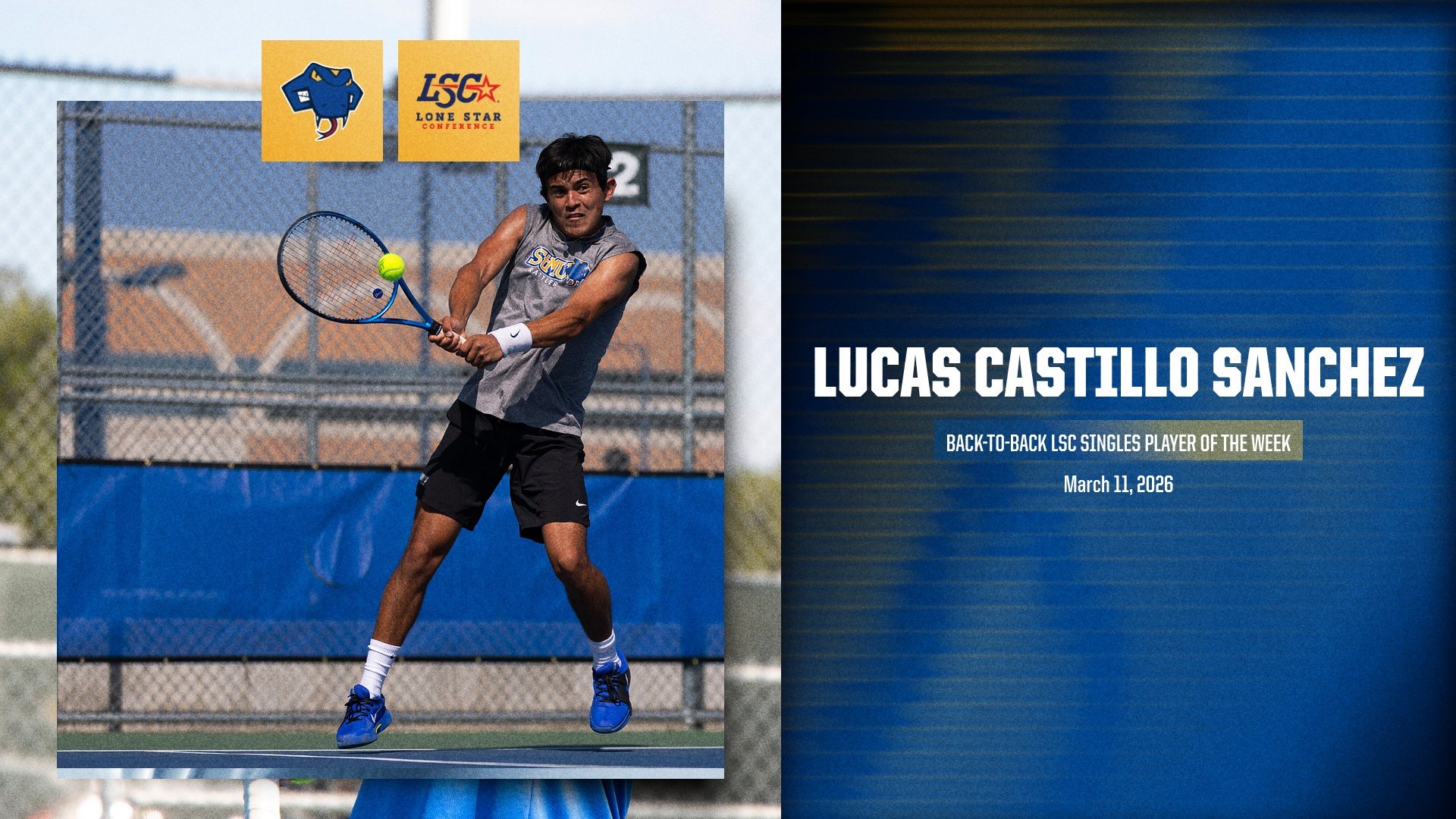 Graphic with Lucas Castillo Sanchez on the left hitting a two-handed shot. On the right is his name with the words 