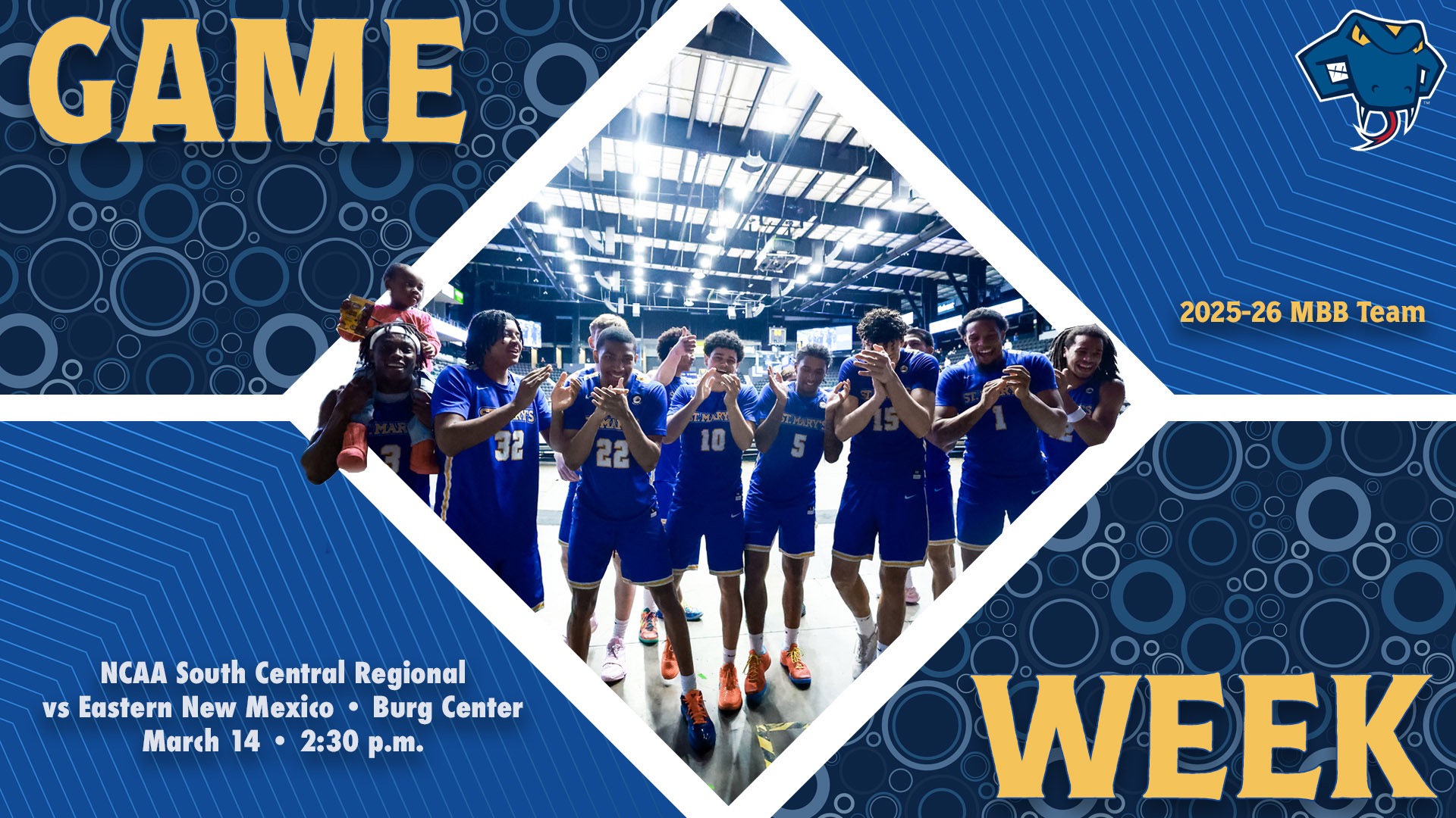 Graphic divided into quarters. In top left is the word Game, while the word Week is on the bottom right. In the center is the 2026 team clapping after putting the sticker on the LSC Bracket with words '2026 MBB Team' to the right. In the bottom left are the words 