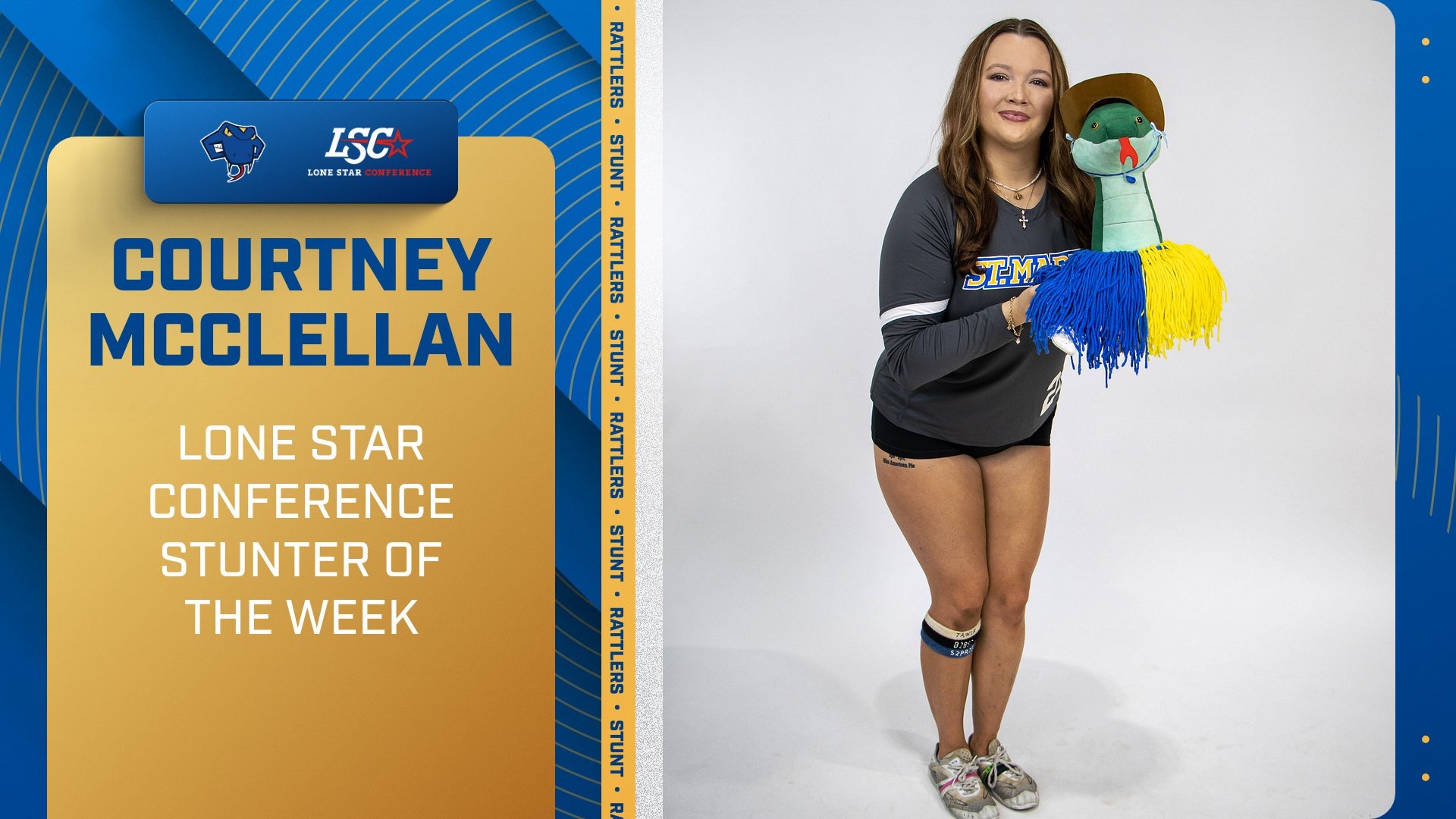 Graphic with Courtney McClellan holding Terry, the snake on the right. On the left are the Rattler head and LSC logos on the top and the words 