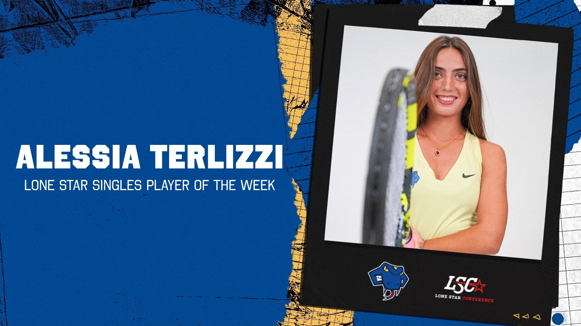Graphic with Alessia Terlizzi on the right holding her racket out in front of her. On the left are the words Alessia Terlizzi Lone Star Singles Player of the Week.