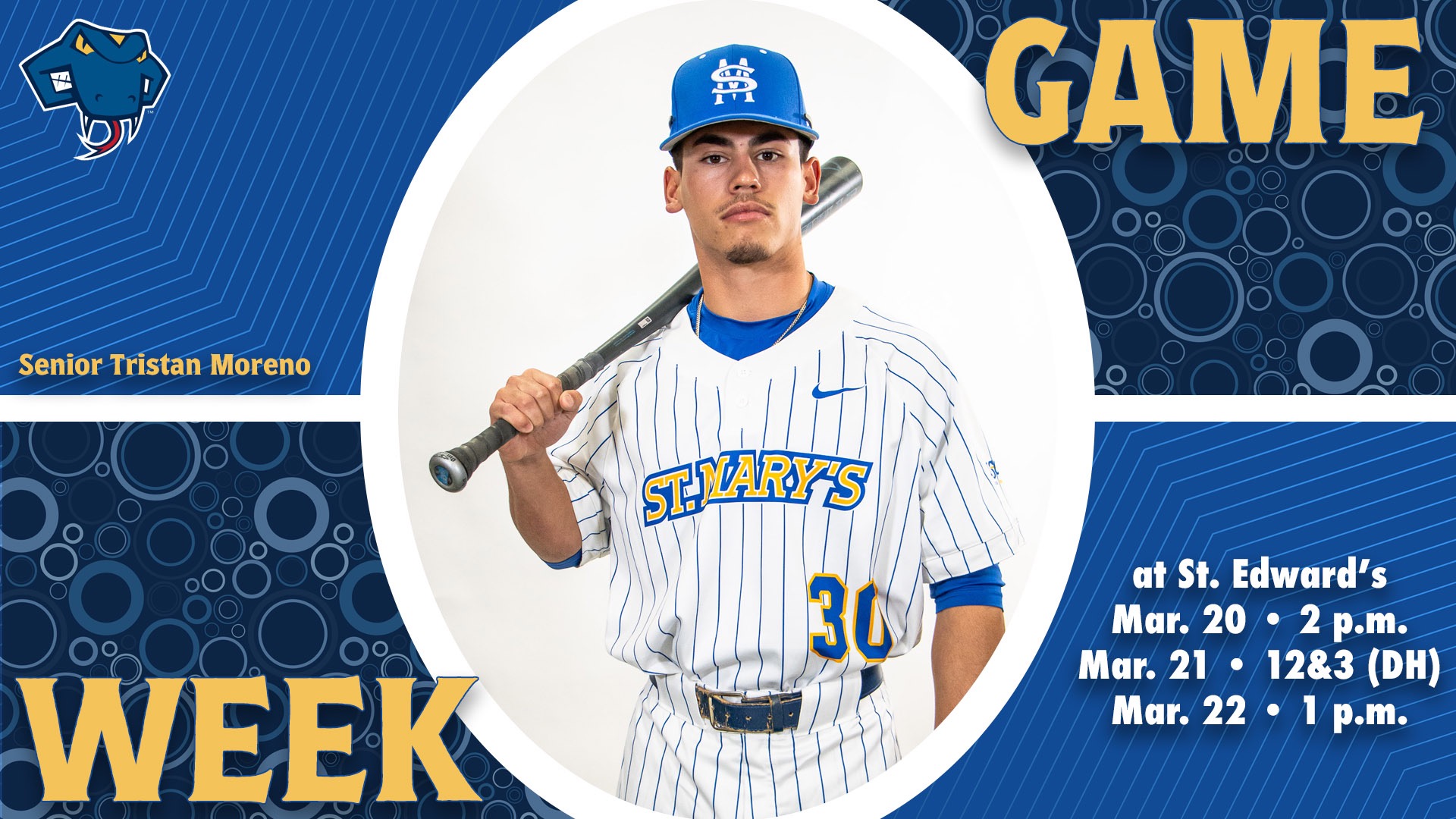 Graphic divided into quarters. In top right is the word Game, while the word Week is on the bottom left. In the center is Tristan Moreno with a bat on his right shoulder and his name to the left. In the bottom right are the words 