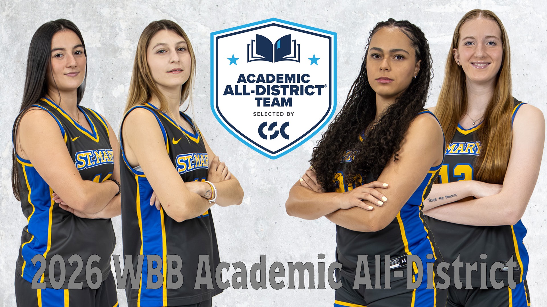 Graphic with the CSC Academic All-District logo in the center. To the left with arms crossed are Aina Maynou and Andrea Montesinos. To the right are Quezia Bertoni and Raynne Malik.