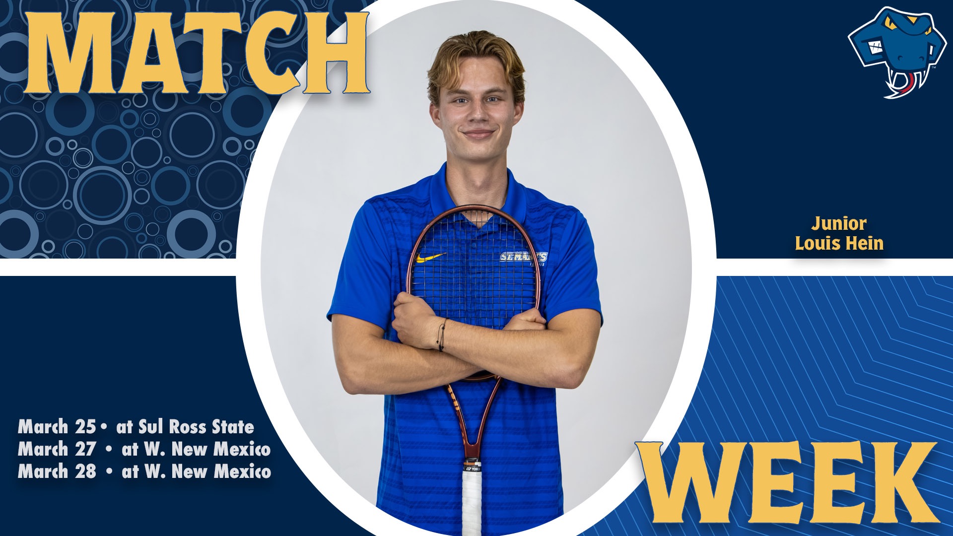 Graphic divided into quarters. In top left is the word Match, while the word Week is on the bottom right. In the center is Louis Hein hugging his racket with his name to the right. In the bottom left are the words 