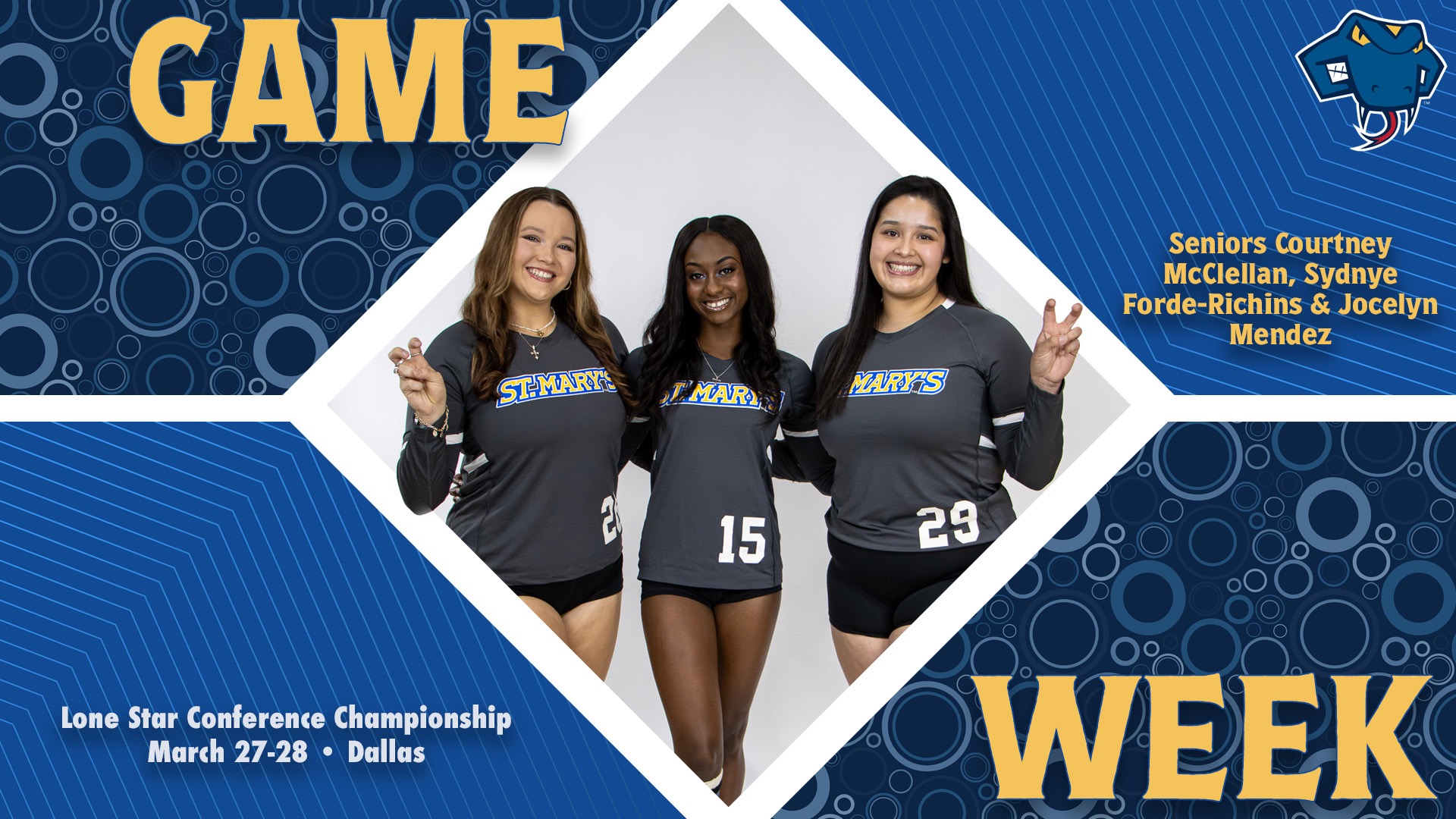 Graphic divided into quarters. In top left is the word Game, while the word Week is on the bottom right. In the center is Courtney McClellan, Sydnye Forde and Jocelyn Mendez with their names to the right. In the bottom left are the words 