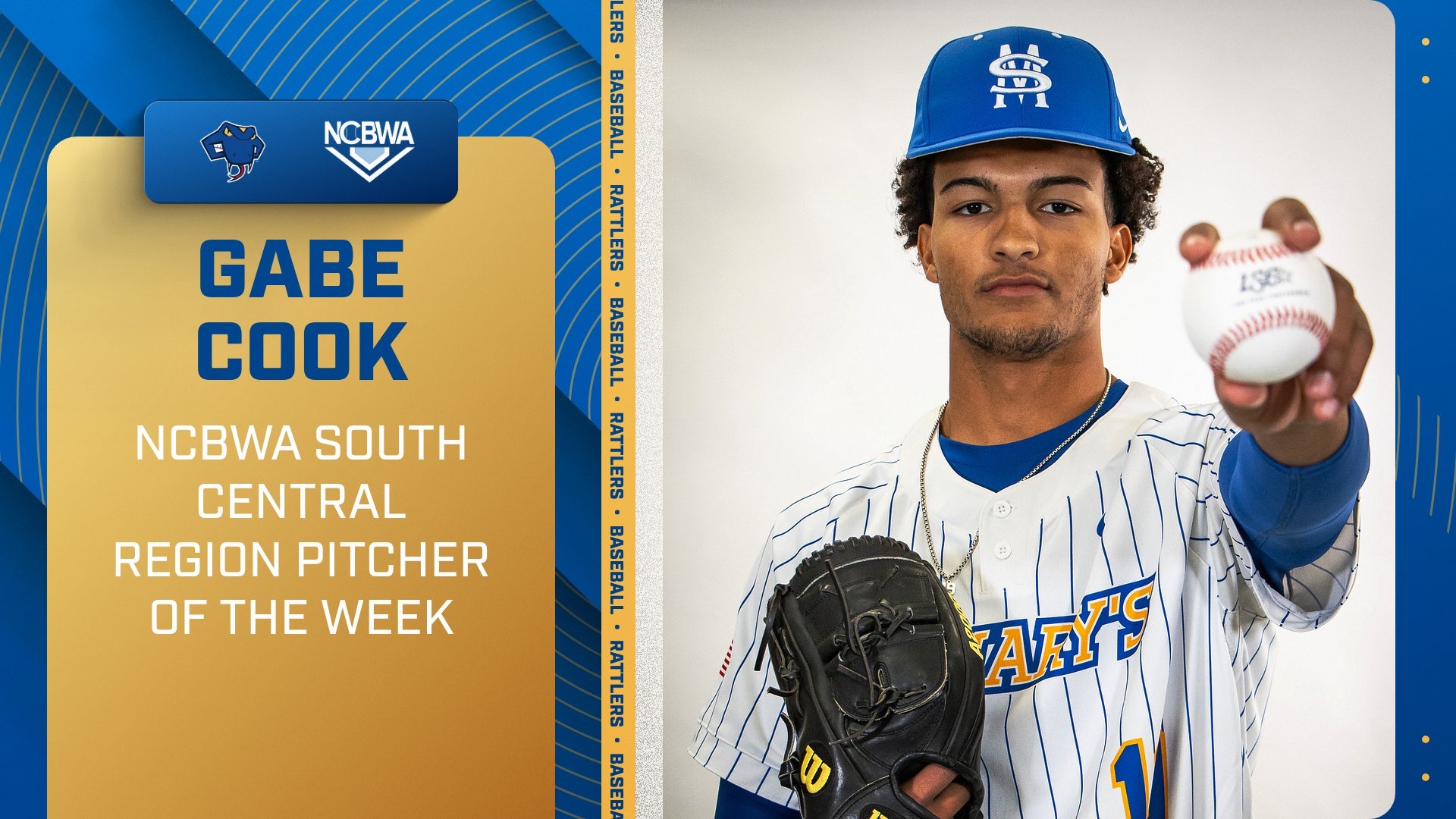 Graphic with Gabe Cook holding a baseball out in his left hand on the right. On the left are the words Gabe Cook NCBWA South Central Region Pitcher of the Week