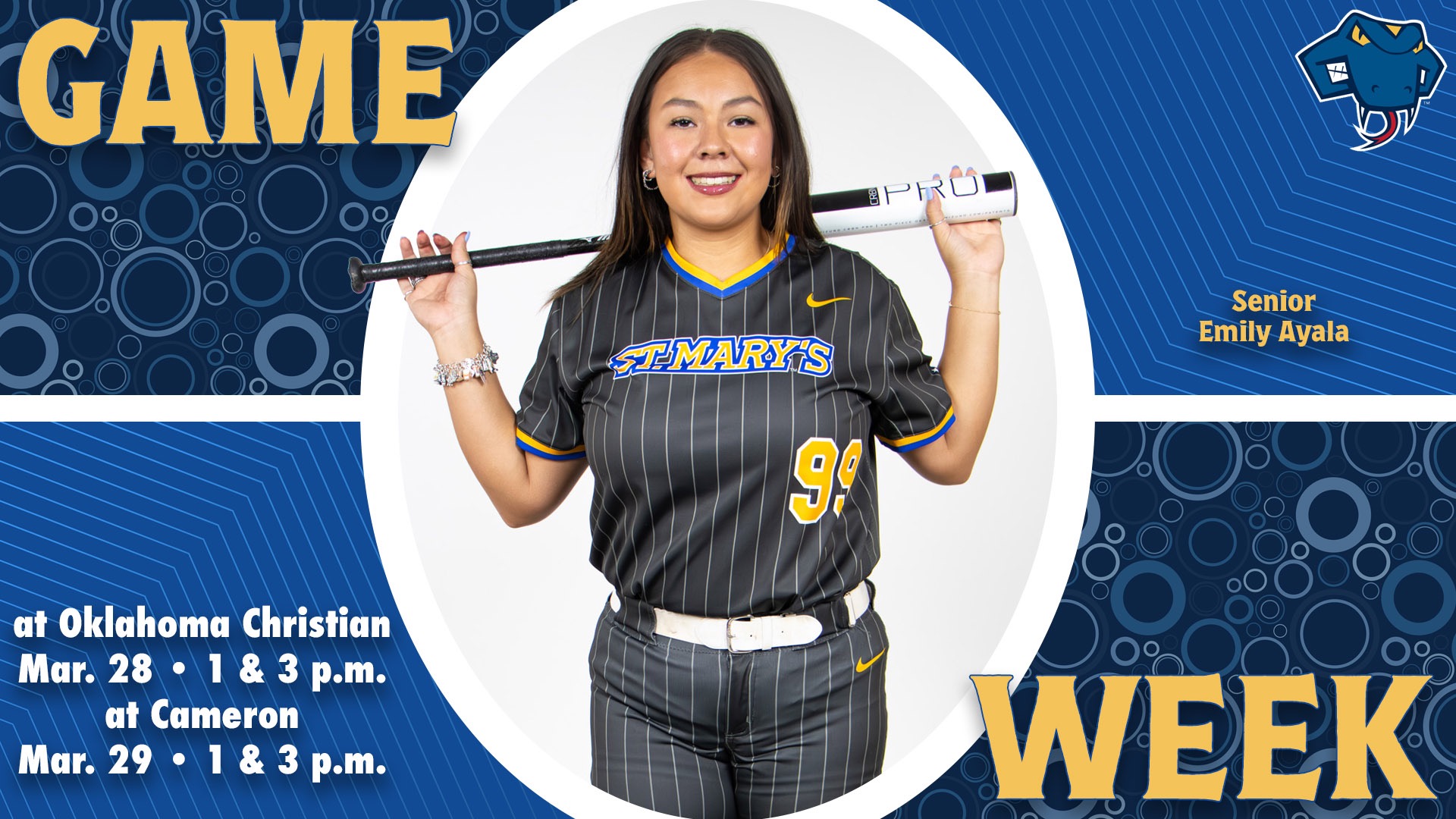 Graphic divided into quarters. In top left is the word Game, while the word Week is on the bottom right. In the center is Emily Ayala with her name to the right. In the bottom left are the words 