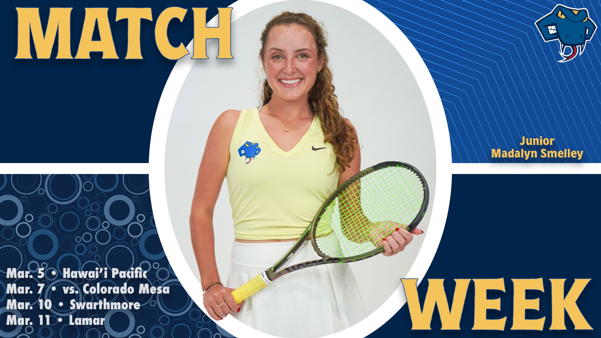 Graphic divided into quarters. In top left is the word Match, while the word Week is on the bottom right. In the center is Madalyn Smelley with her name to the right. In the bottom left are the words 