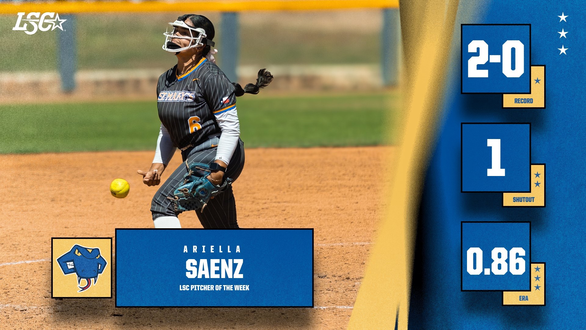 Graphic with Ariella Saenz pitching on the left with her name and LSC Pitcher of the Week on top of her ankles. On the right are three boxes with statistical highlights from the week.