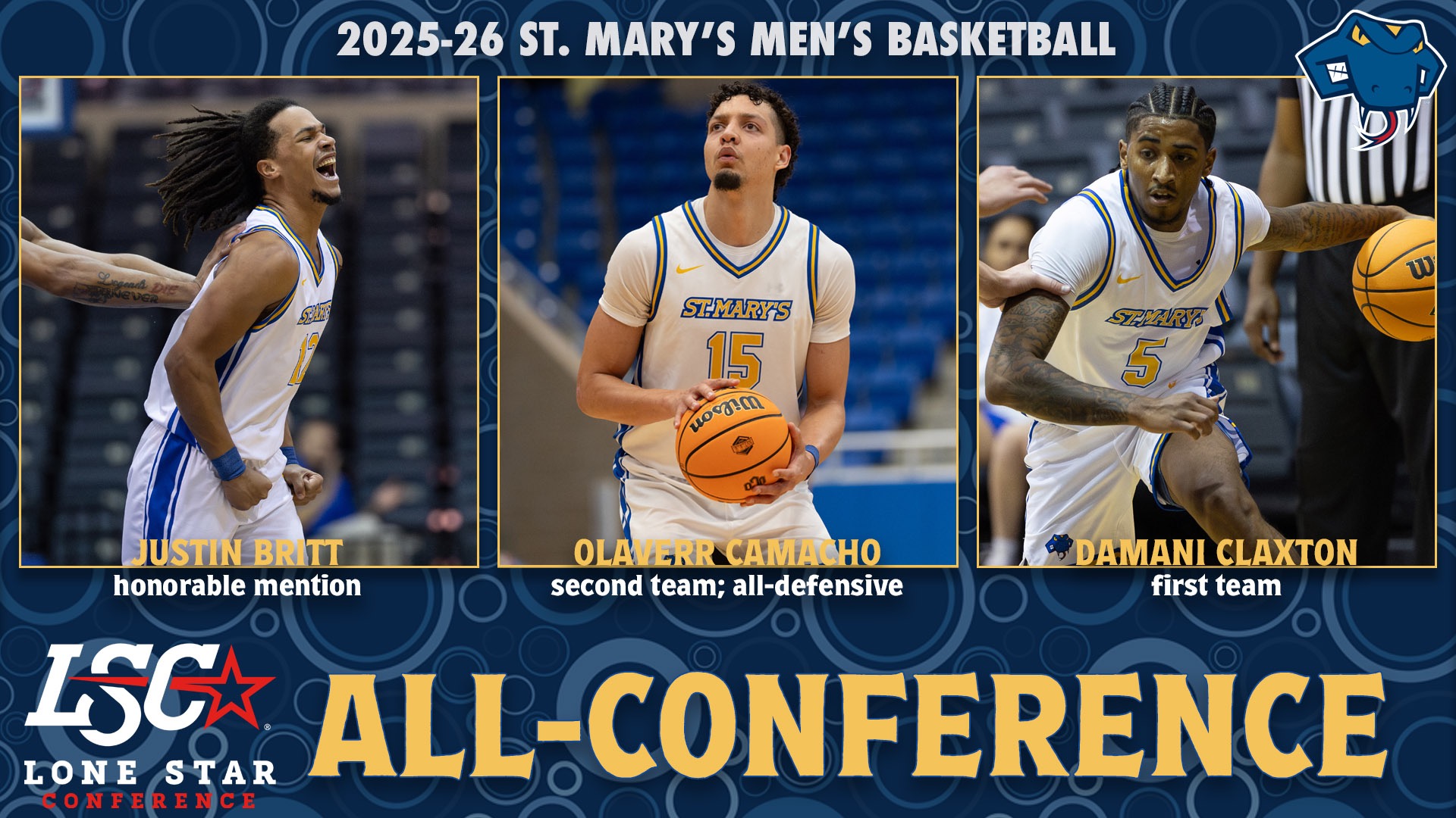 Graphic with the Rattler head in the upper right corner and the words 2025-26 St. Mary's Men's Basketball across the top. Three action shots of Justin Britt, Nacho Camacho and Damani Claxton are across the middle with their names. Across the bottom is the LSC logo with the words All-Conference