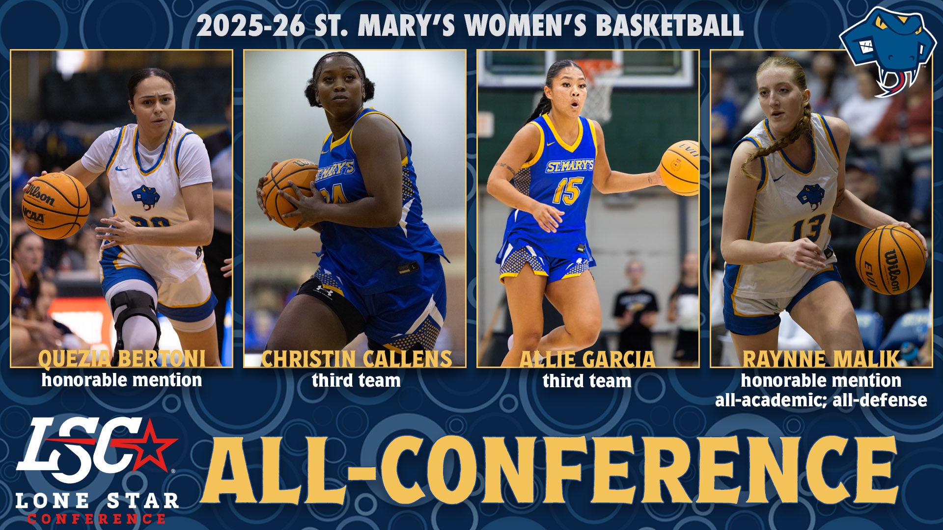 Graphic with the Rattler head in the upper right. Across the top are the words 2025-26 St. Mary's Women's Basketball. The middle from left to right has action pictures and names of Quezia Bertoni, Christin Callens, Allie Garcia and Raynne Malik. Across the bottom is the LSC Logo and the words All-Conference.