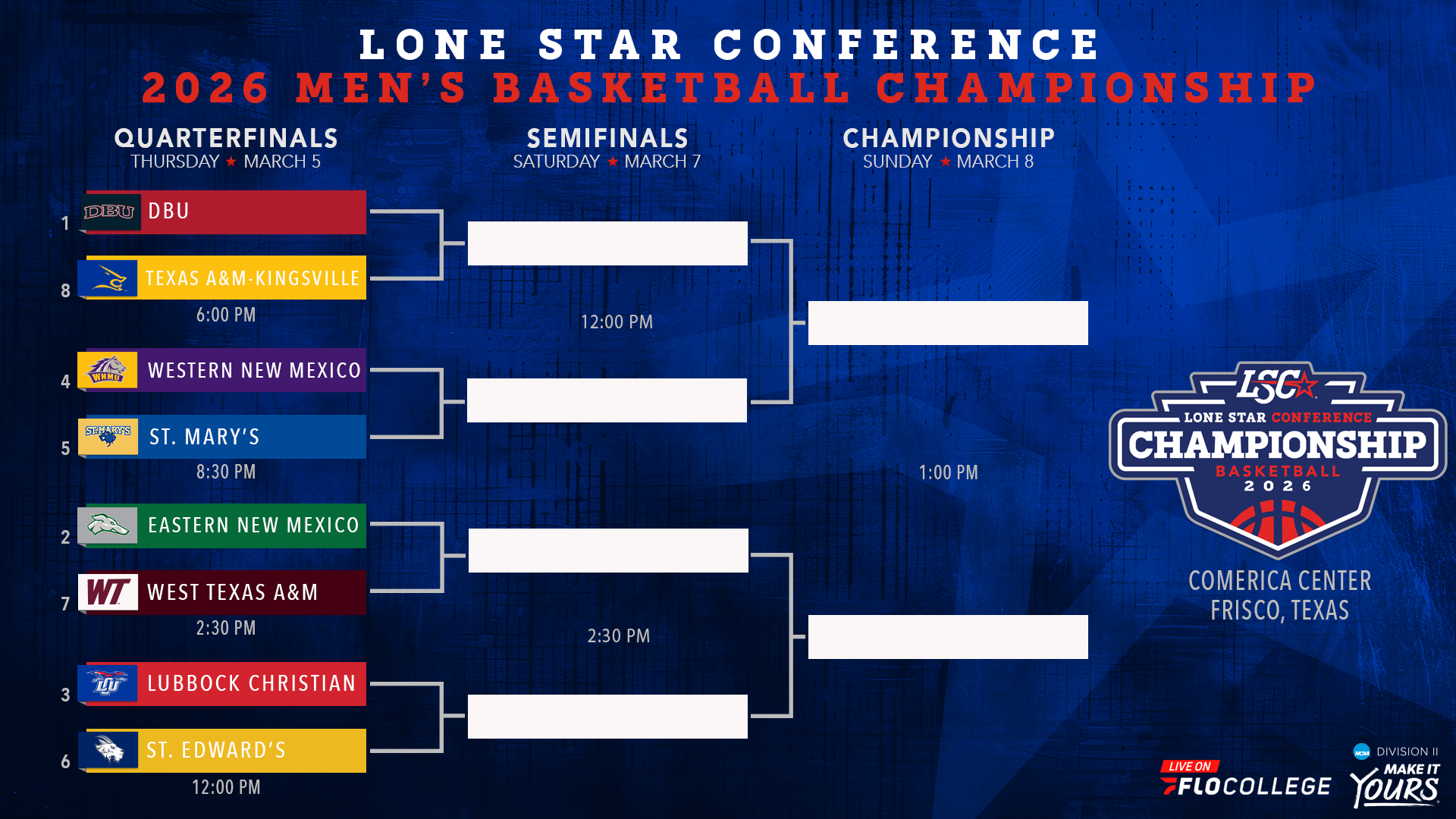 Graphic with the bracket for the 2026 Lone Star Conference Men's Basketball Tournament.