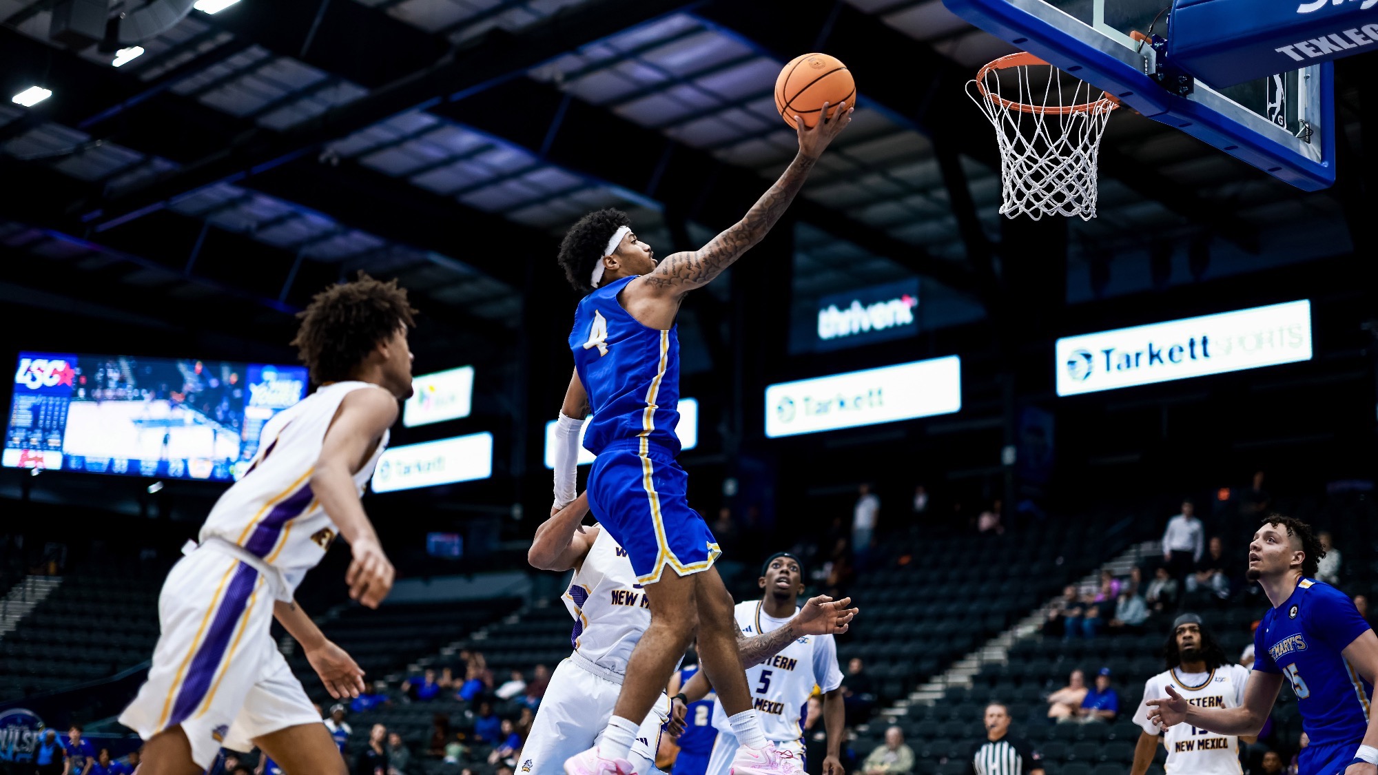 Lawyer Jones skies for a layup in the quarterfinals of the LSC Tournament against Western New Mexico.
