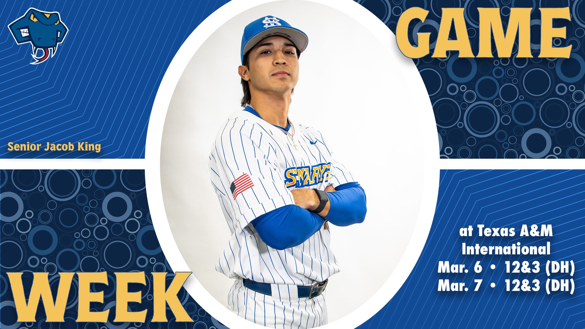 Graphic divided into quarters. In top right is the word Game, while the word Week is on the bottom left. In the center is Jacob King with his name to the left. In the bottom right are the words 