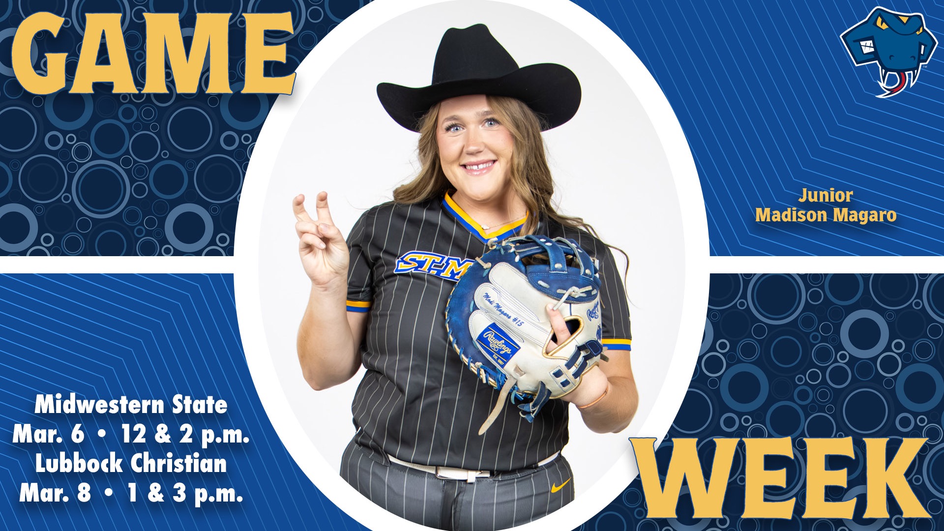 Graphic divided into quarters. In top left is the word Game, while the word Week is on the bottom right. In the center is Madison Magaro with her name to the right. In the bottom left are the words 