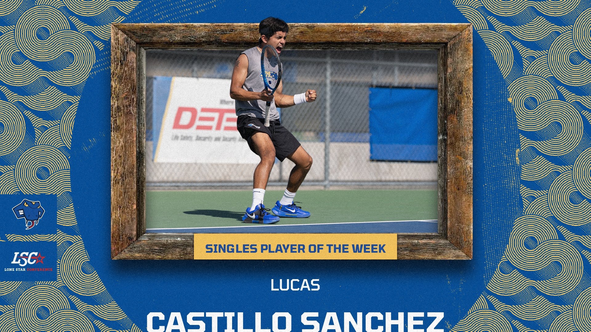 Graphic with Lucas Castillo Sanchez in the center in a picture frame with his name below and the StMU and LSC logos on the bottom left.