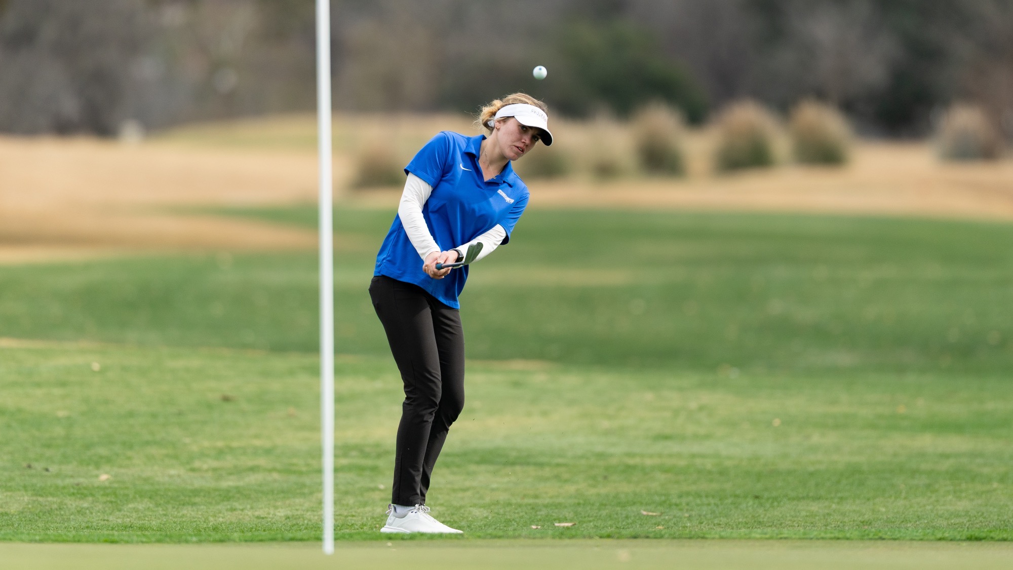 Sophia Perkins chips a ball onto the green at the Texas State Invitational.