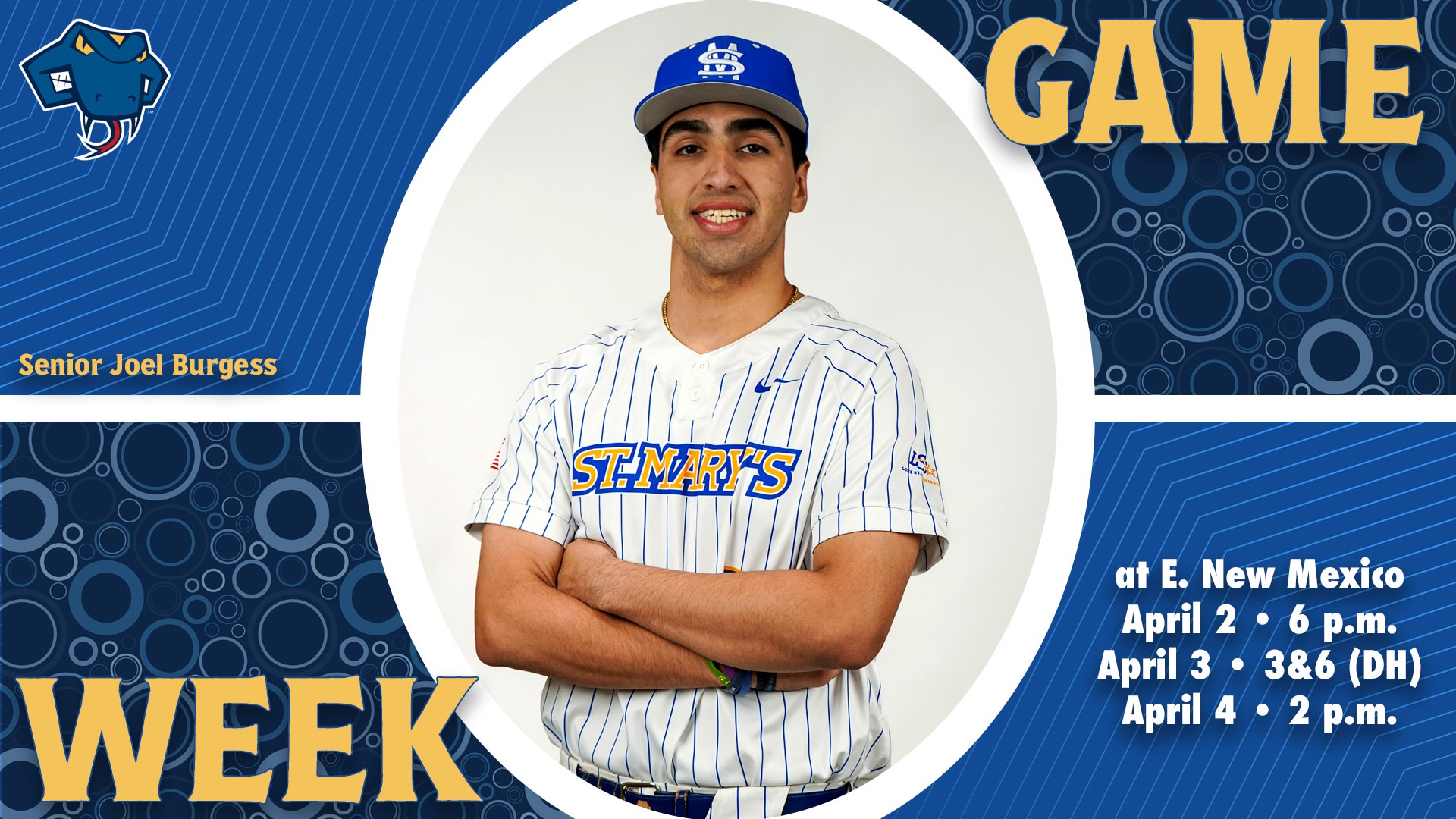 Graphic divided into quarters. In top right is the word Game, while the word Week is on the bottom left. In the center is Joel Burgess with his name to the left. In the bottom right are the words 