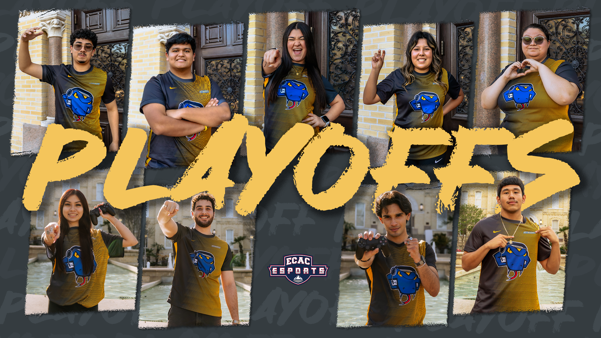 Graphic with the words Playoffs in the middle. Above and below that are the eight athletes competing in postseason in their gold jerseys.
