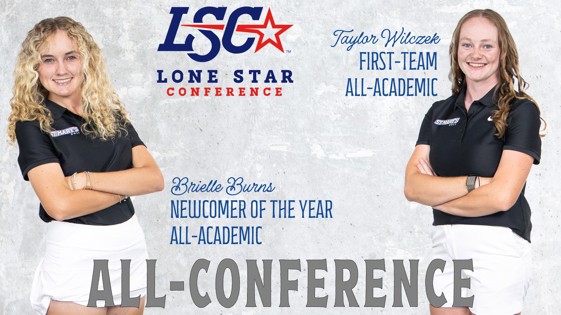 Graphic with Brielle Burns on the left and Taylor Wilczek on the right. The LSC logo is between them with the words All-Conference across the entire bottom