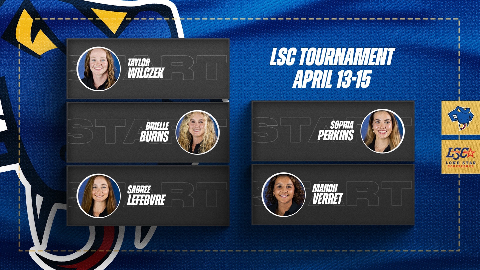 Graphic with the five headshots of the StMU Women's Golf team in the middle in circles. In the top right are the words LSC Tournament April 13-15.