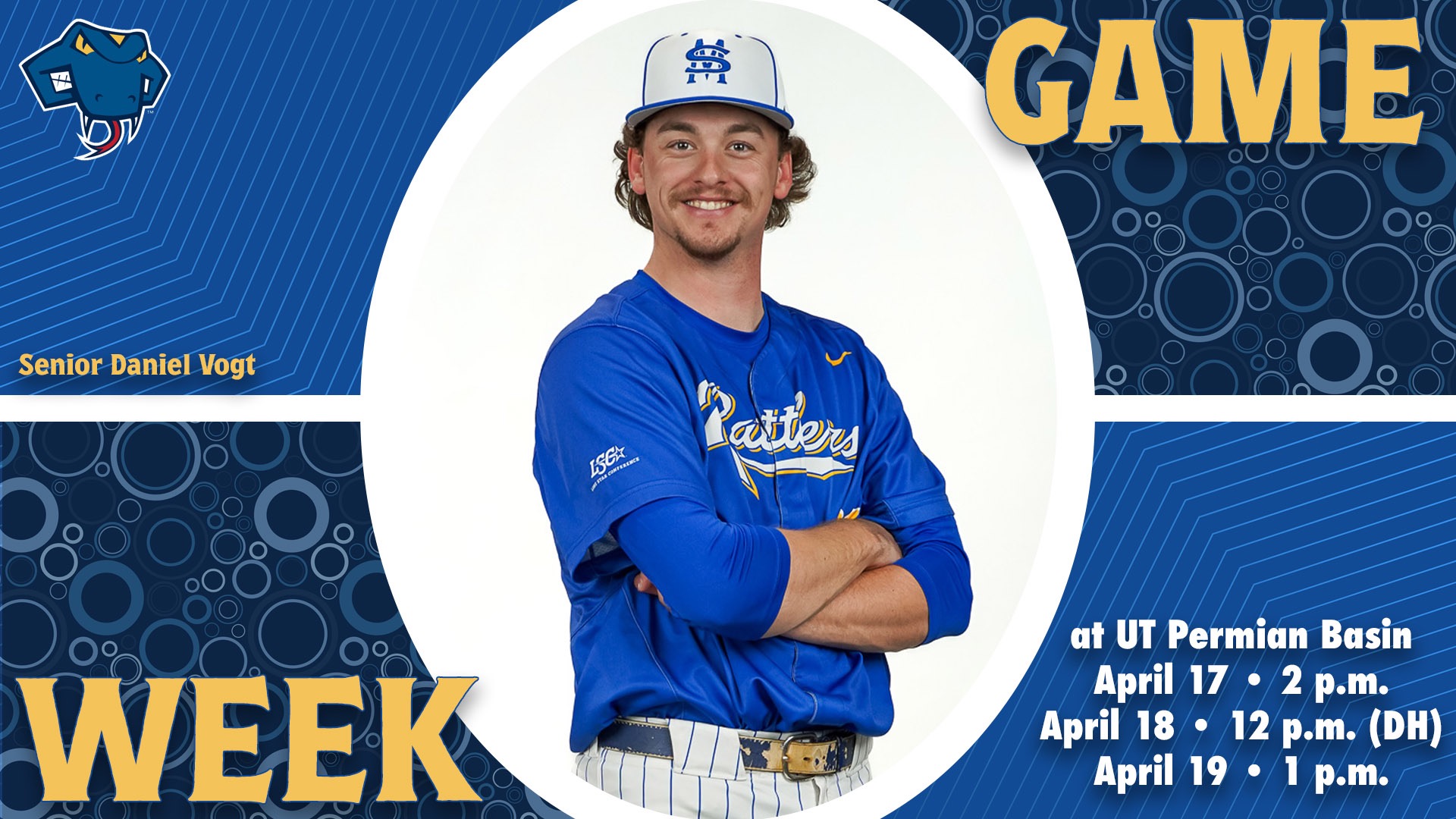 Graphic divided into quarters. In top right is the word Game, while the word Week is on the bottom left. In the center is Daniel Vogt with arms crossed and his name to the left. In the bottom right are the words 