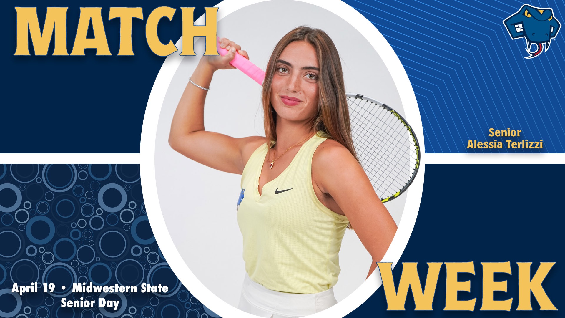 Graphic divided into quarters. In top left is the word Game, while the word Week is on the bottom right. In the center is Alessia Terlizzi with her name to the right. In the bottom left are the words 