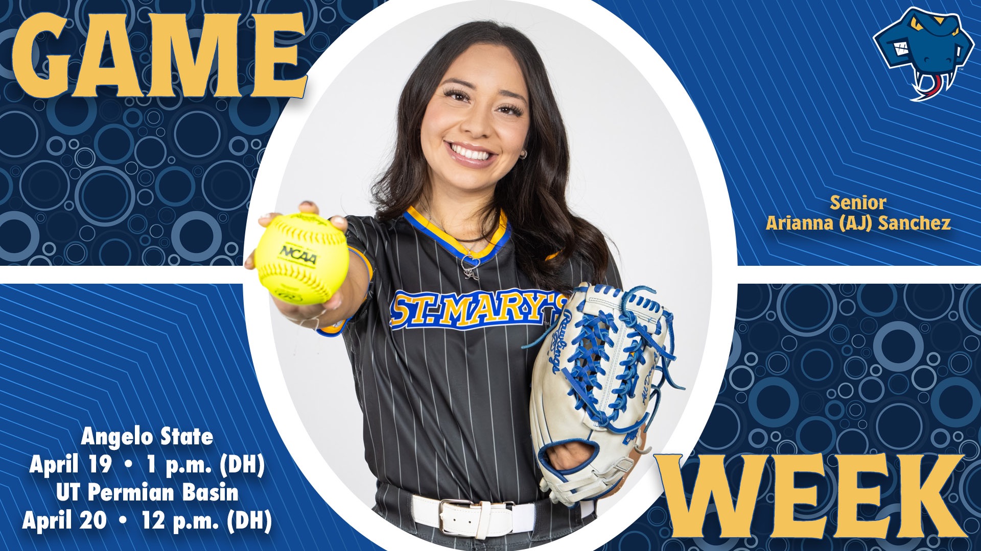 Graphic divided into quarters. In top left is the word Game, while the word Week is on the bottom right. In the center is AJ Sanchez with her name to the right. In the bottom left are the words 